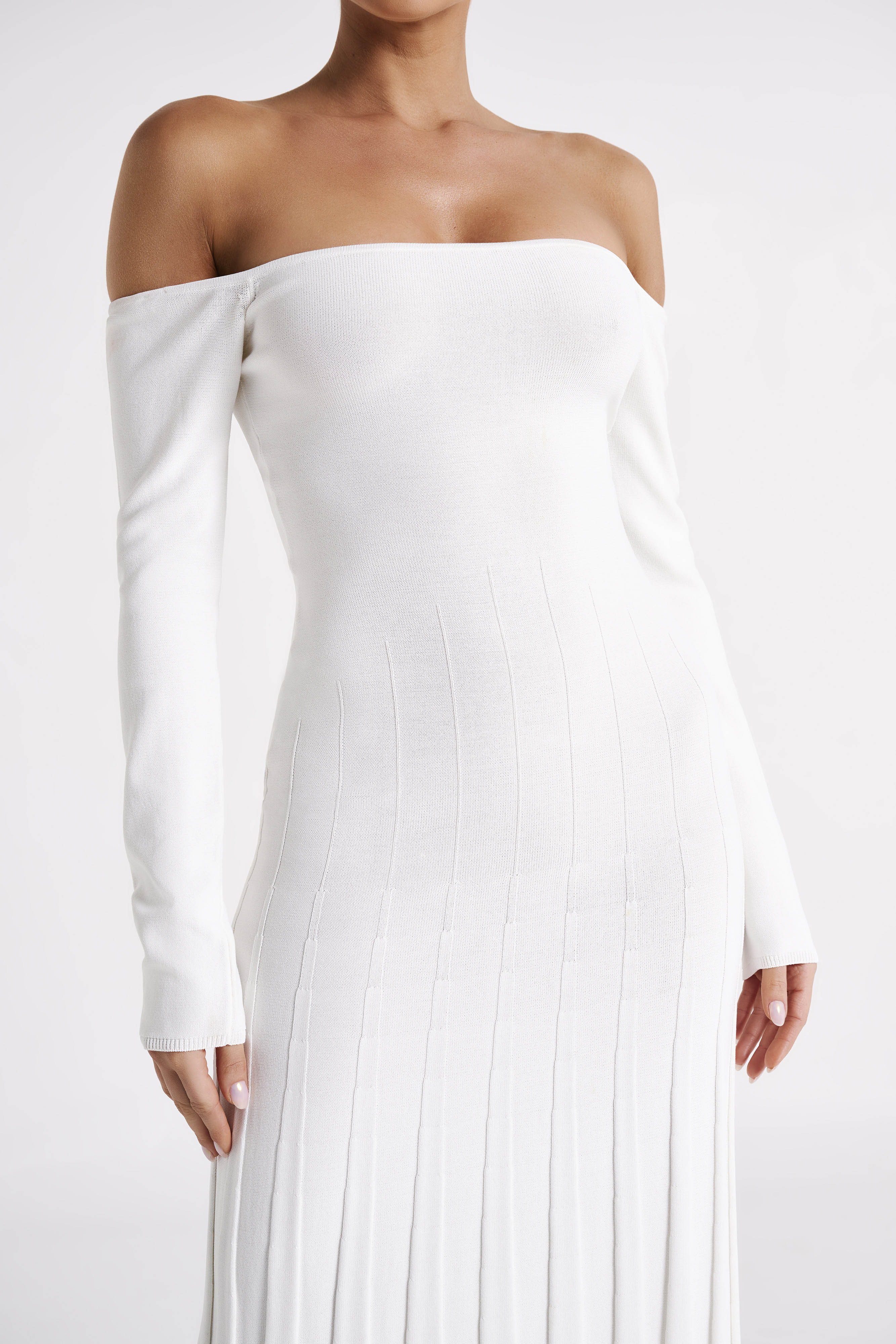 MESHKI Emmeline Long Sleeve Rib Knit Midi Dress - White