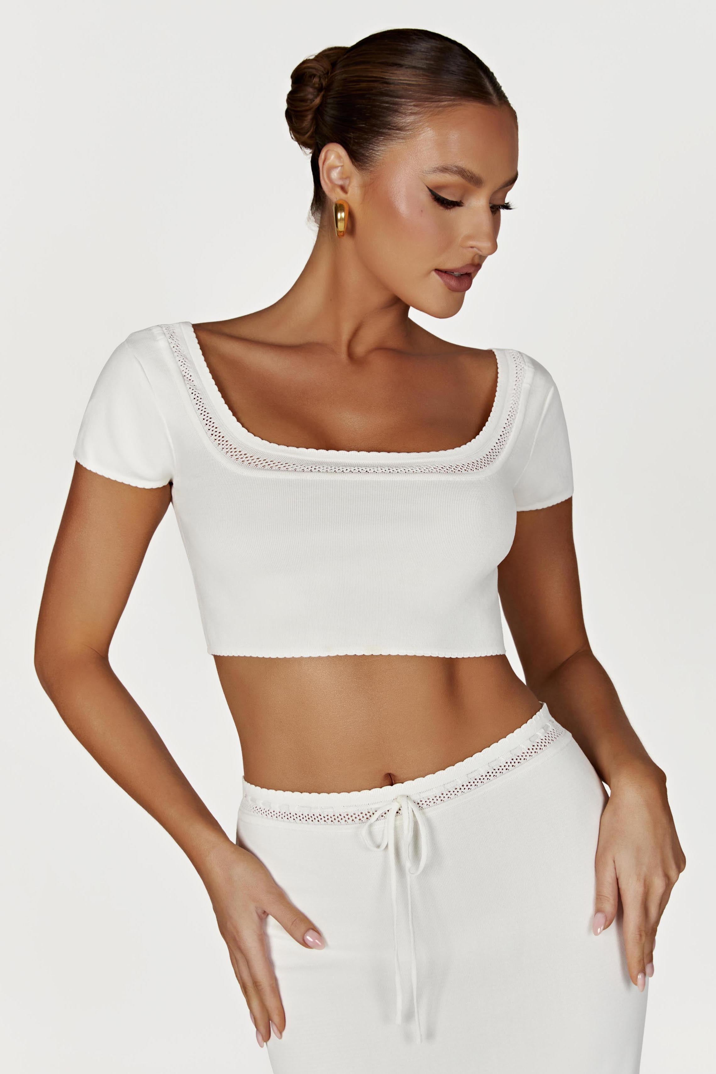 Penelope Pointelle Knit Crop Top - White - Myromanceshops