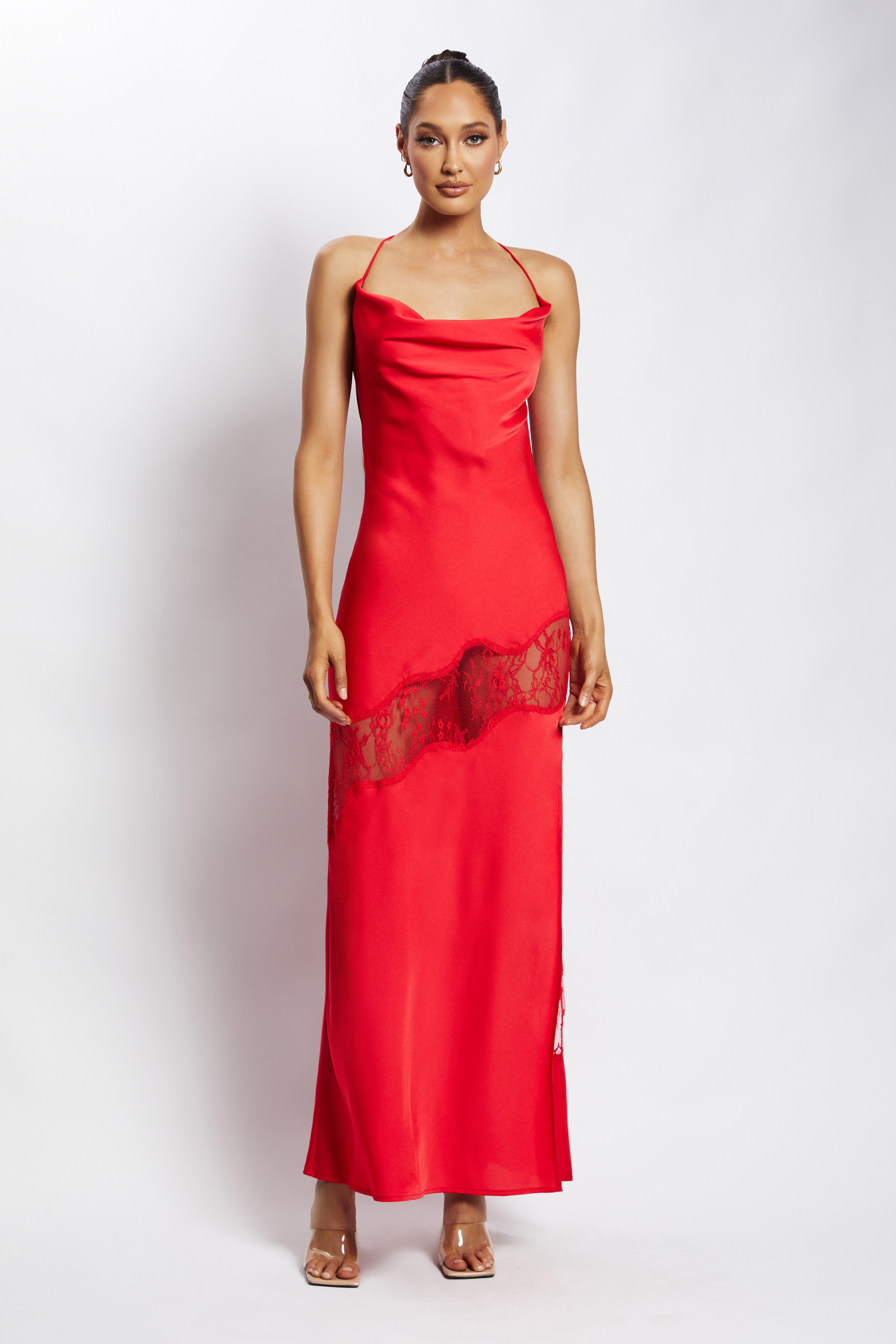 MESHKI Chandra Lace Detail Satin Maxi Dress - Red