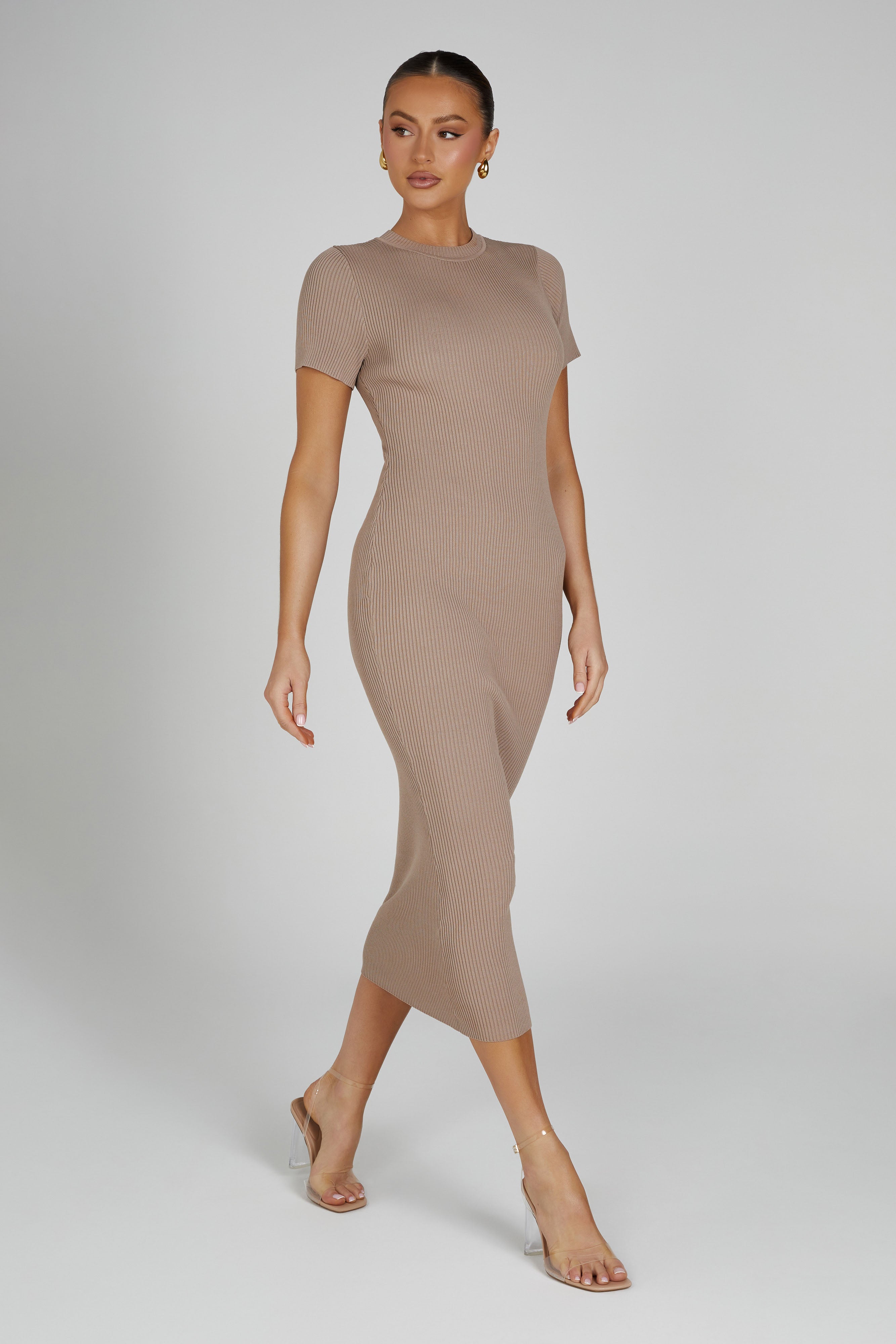 MESHKI Sonia Short Sleeve Knit Midi Dress - Taupe