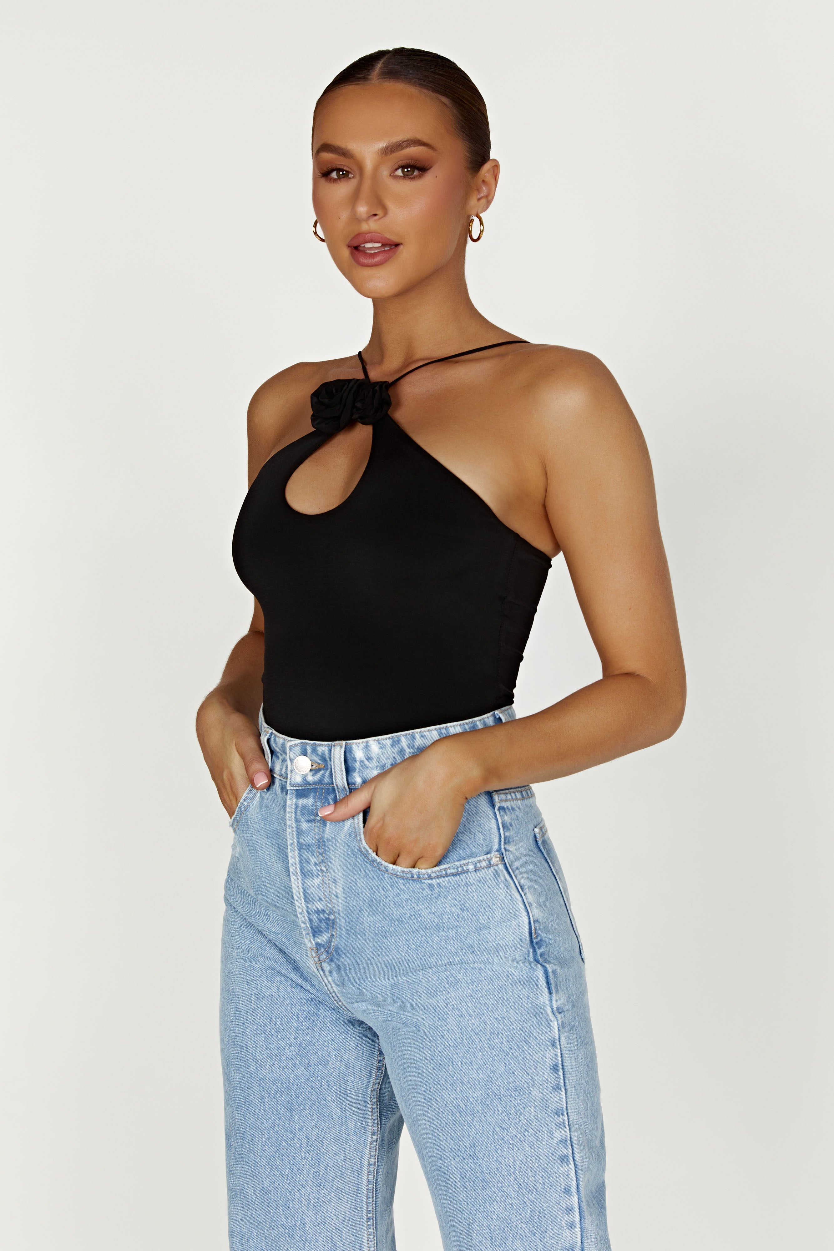 MESHKI Adeline Rose Halter Top - Black