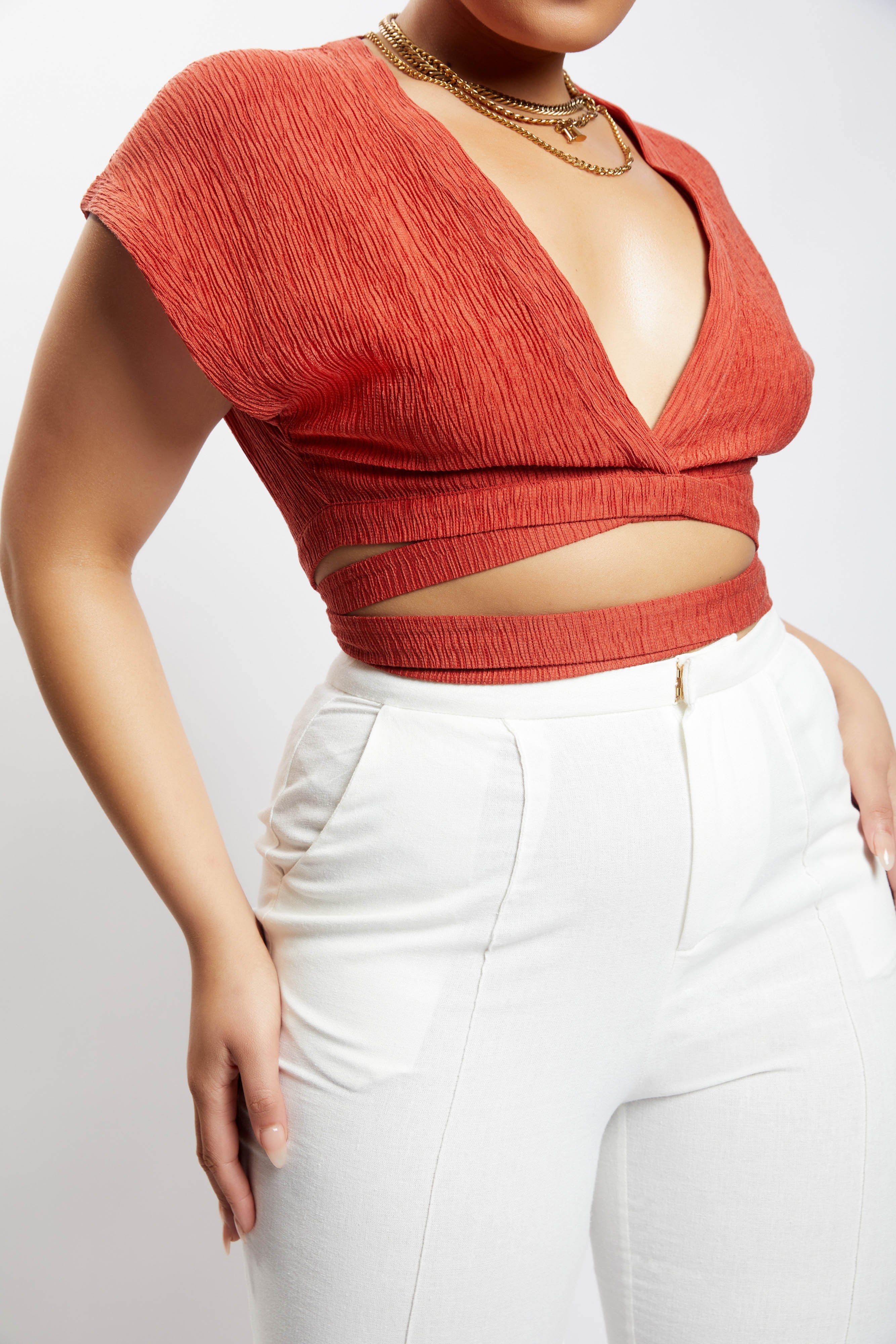MESHKI Rosa Crinkle Satin Crop Top - Burnt Orange