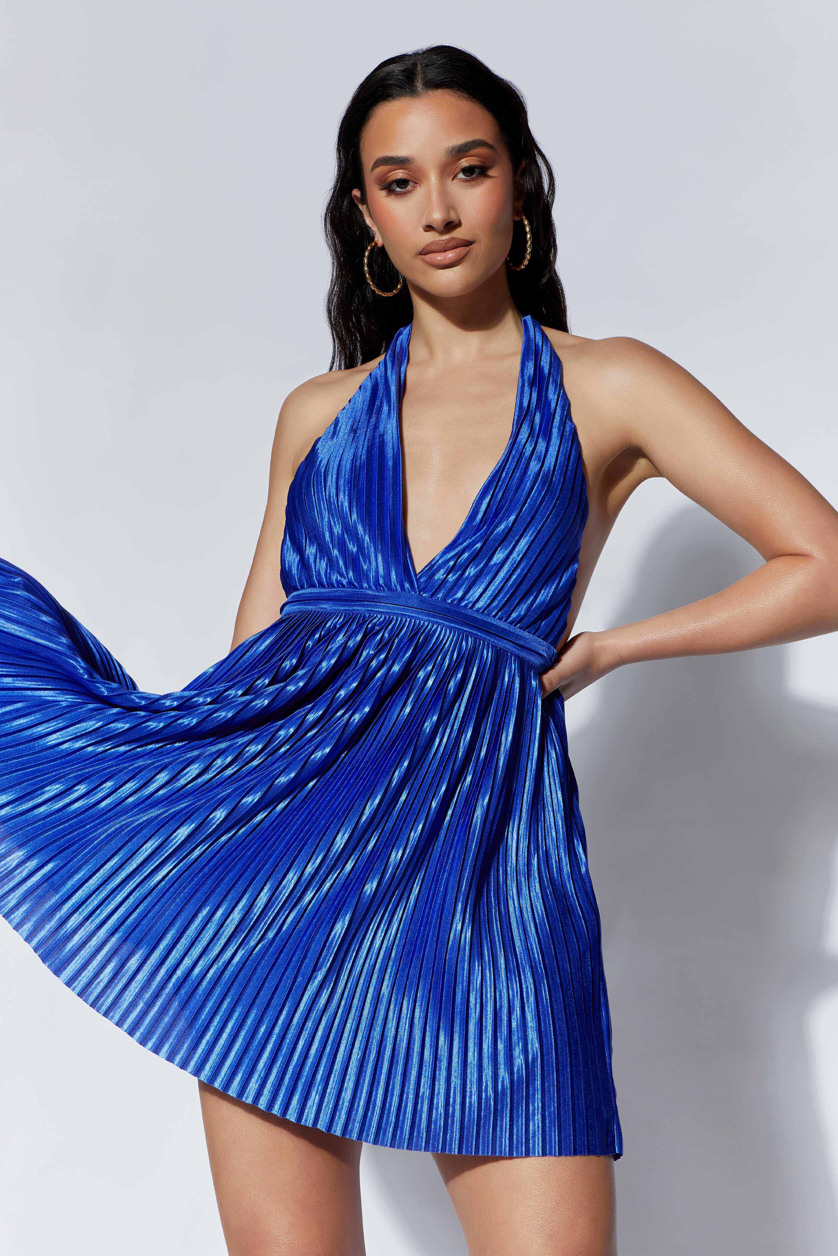 MESHKI Darya Pleated Mini Halter Dress - Persian Blue