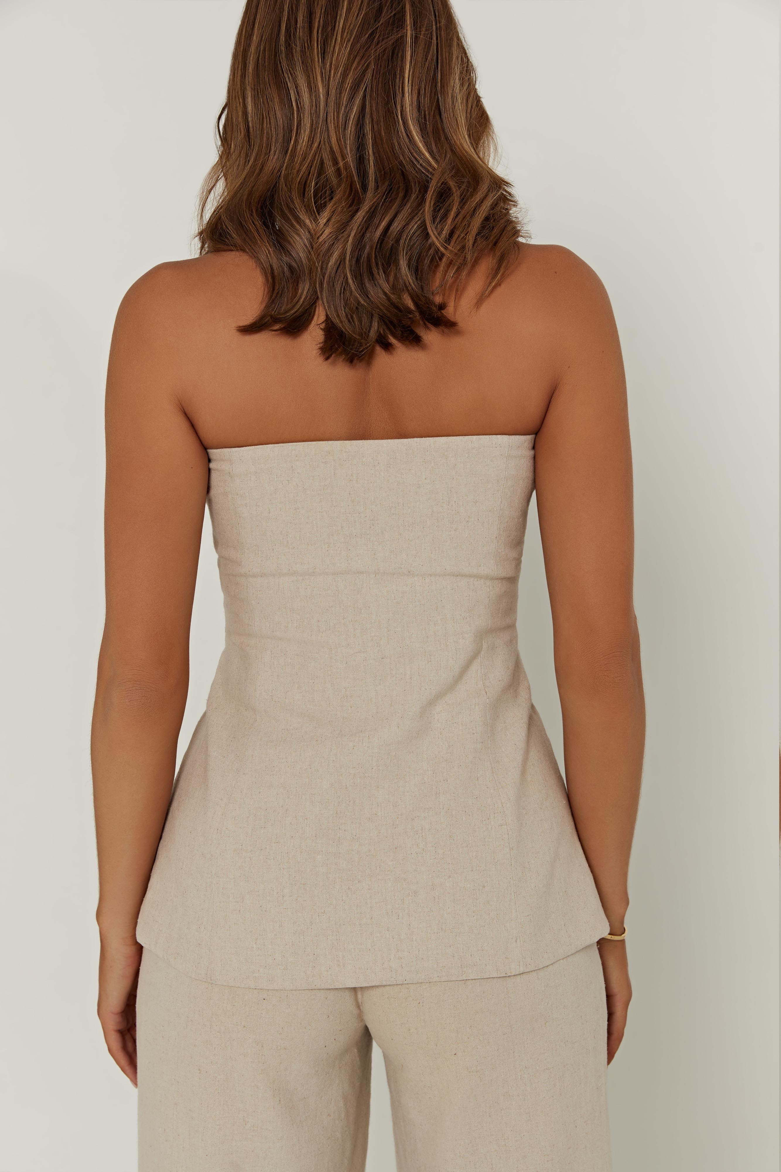 MESHKI Innis Linen Longline Strapless Top - Natural