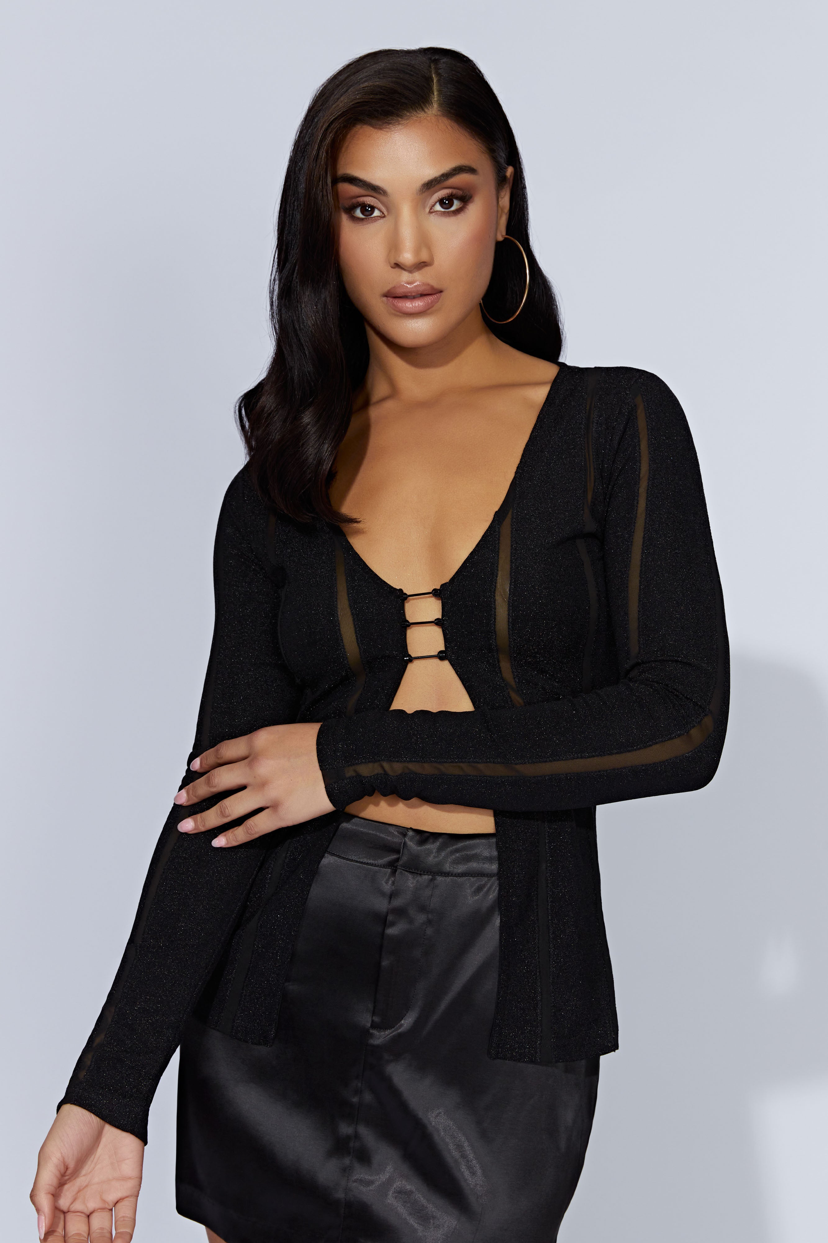 MESHKI Lourdes Panelled Long Sleeve Cardigan - Black