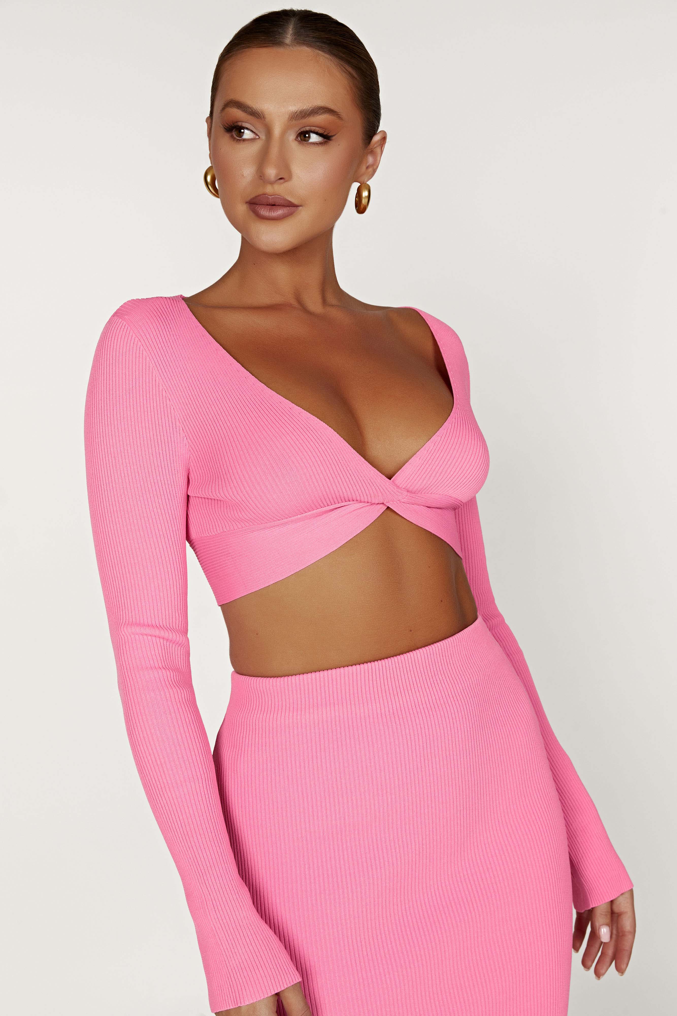 MESHKI Kaesha Long Sleeve Twist Front Knit Top - Bubblegum Pink