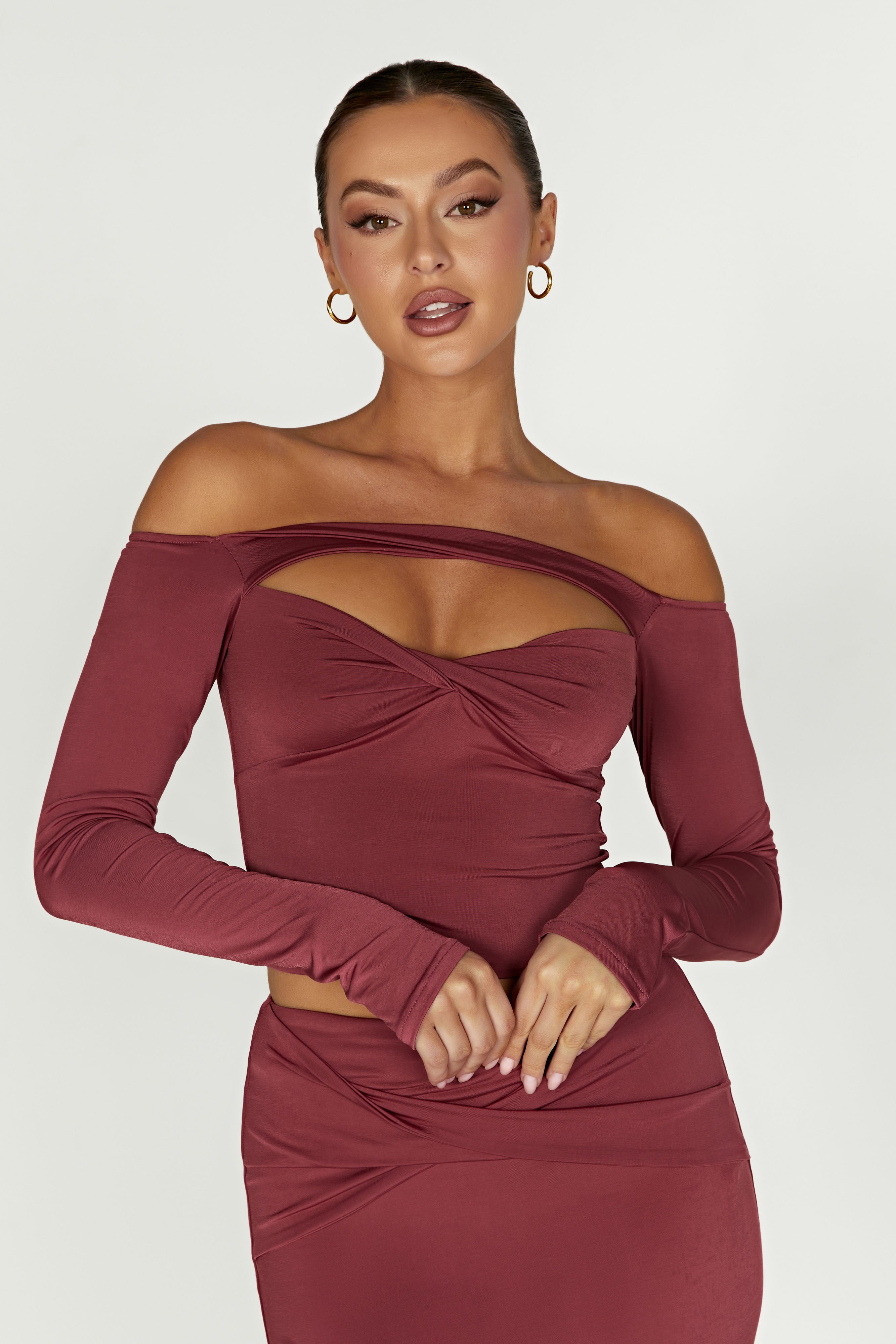 MESHKI Ceri Off Shoulder Long Sleeve Top - Wine
