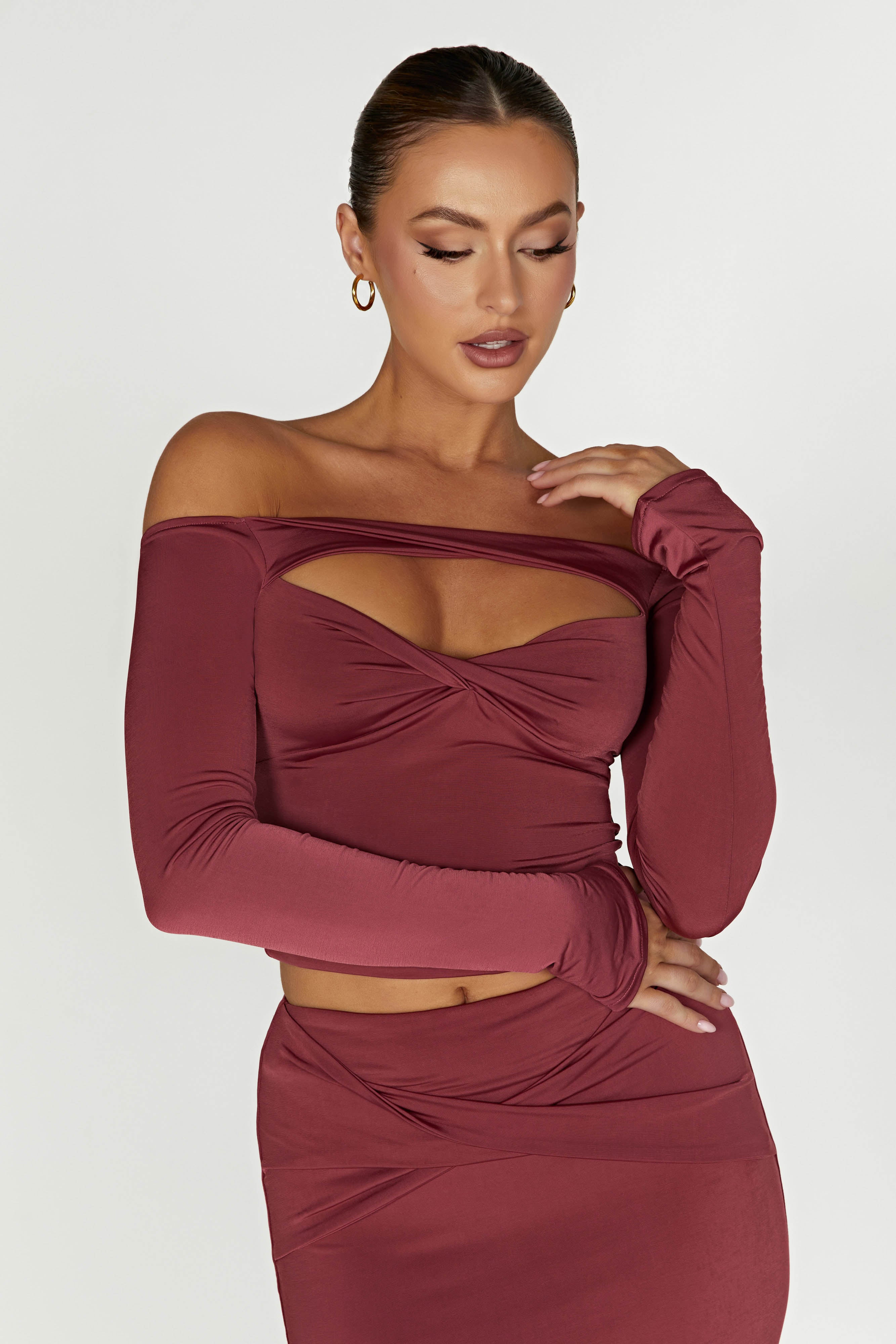 MESHKI Ceri Off Shoulder Long Sleeve Top - Wine