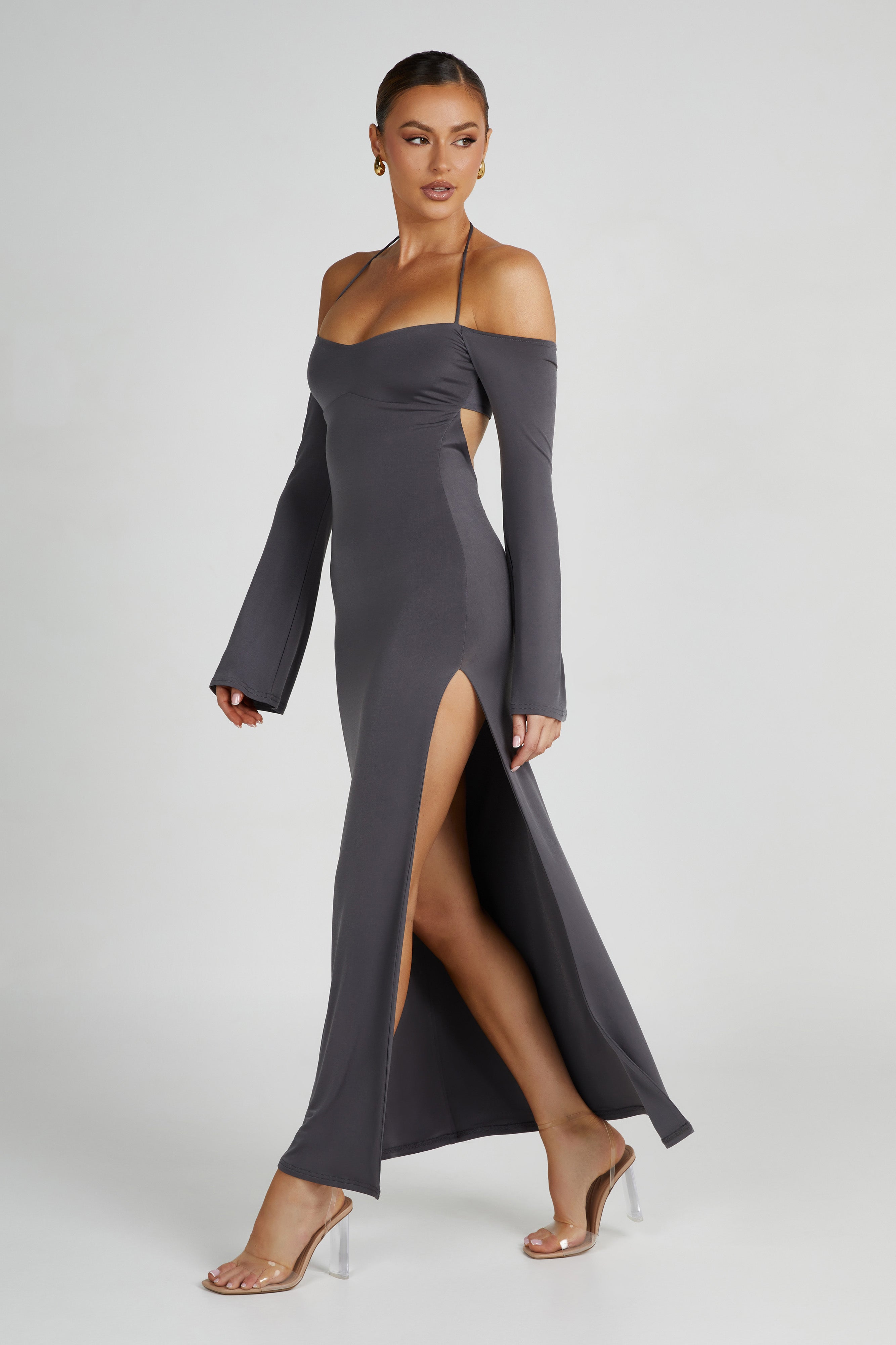 MESHKI Tia Slinky Off Shoulder Maxi Dress - Charcoal