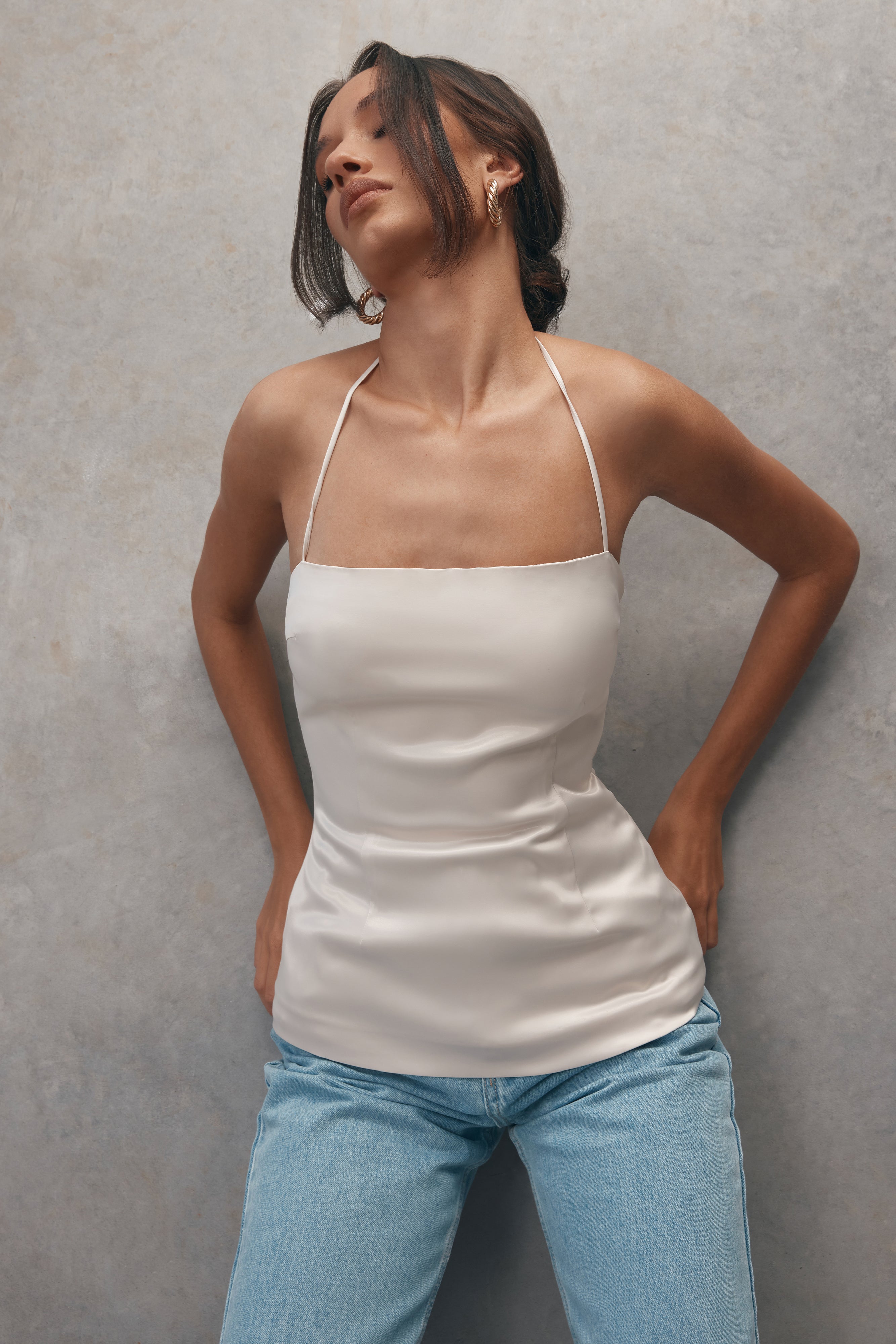 MESHKI Noemi Longline Satin Halter Neck Top - Ivory