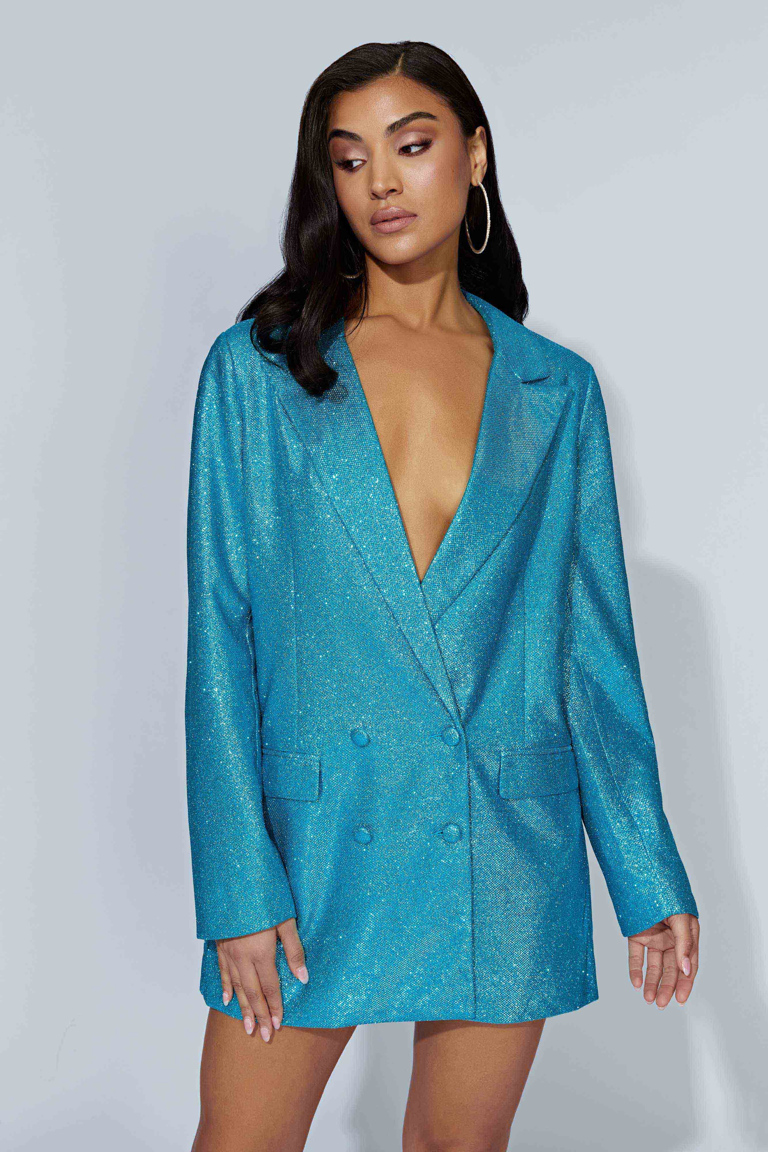 MESHKI Becky Shimmer Oversized Blazer Dress - Aquamarine