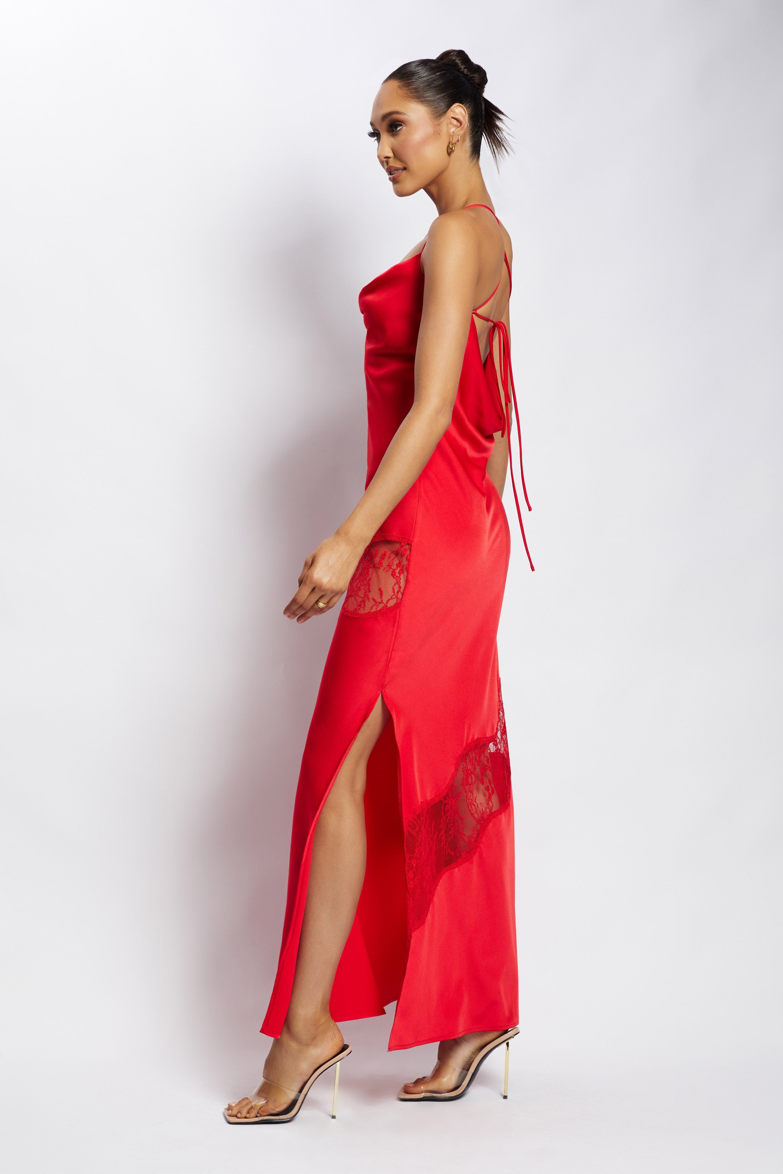 MESHKI Chandra Lace Detail Satin Maxi Dress - Red