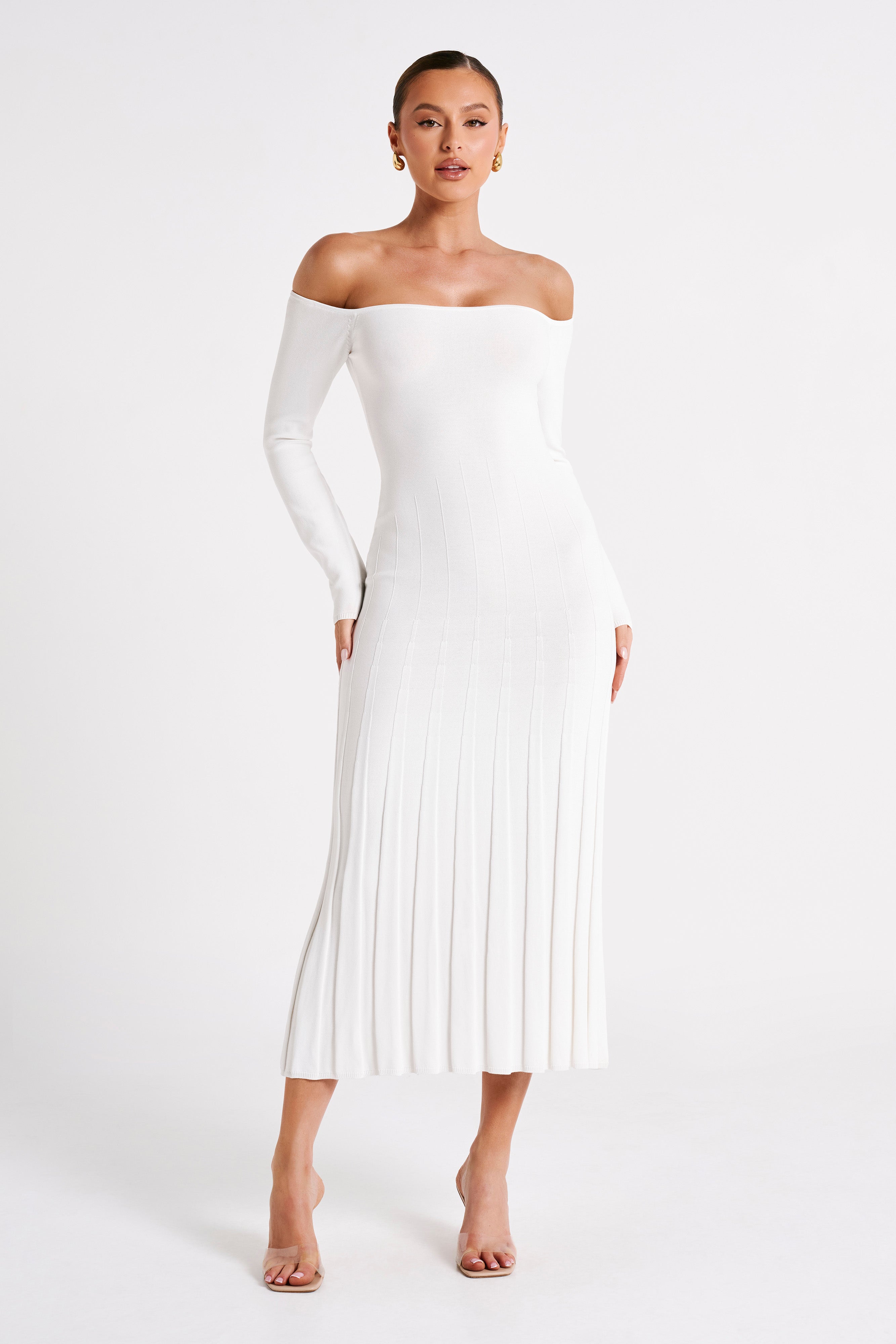 MESHKI Emmeline Long Sleeve Rib Knit Midi Dress - White
