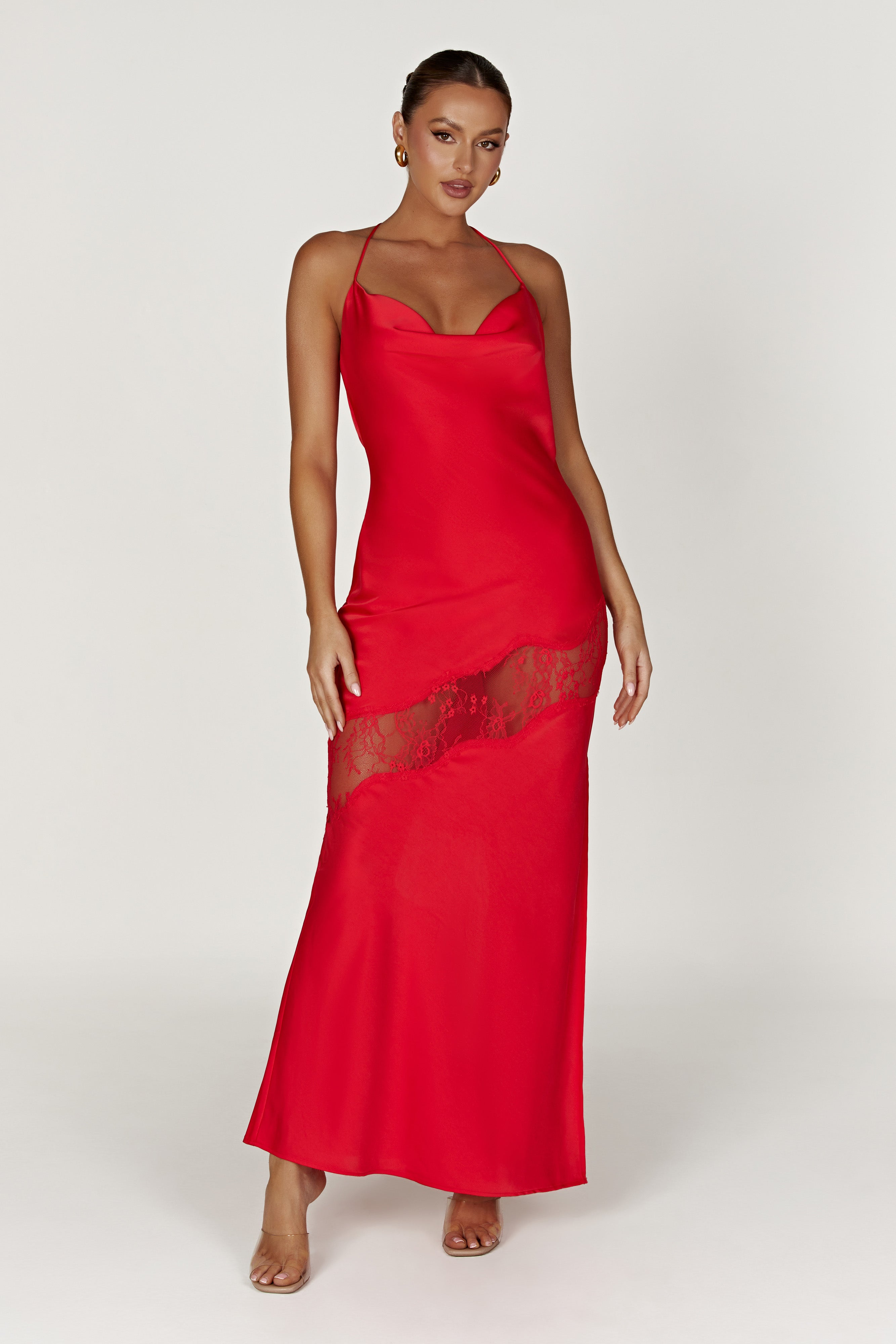 MESHKI Chandra Lace Detail Satin Maxi Dress - Red