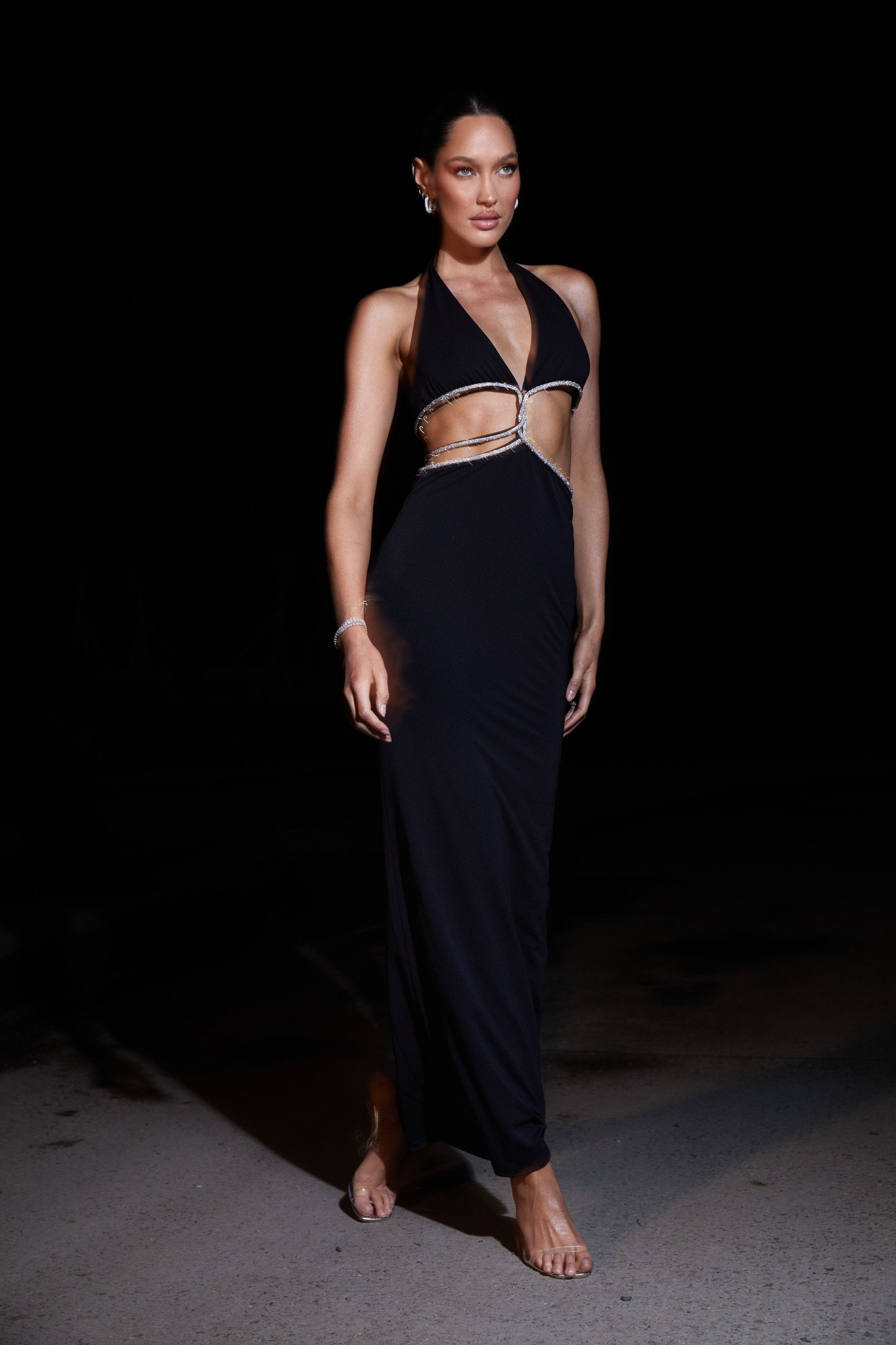 MESHKI Nicha Diamante Cut Out Maxi Dress - Black