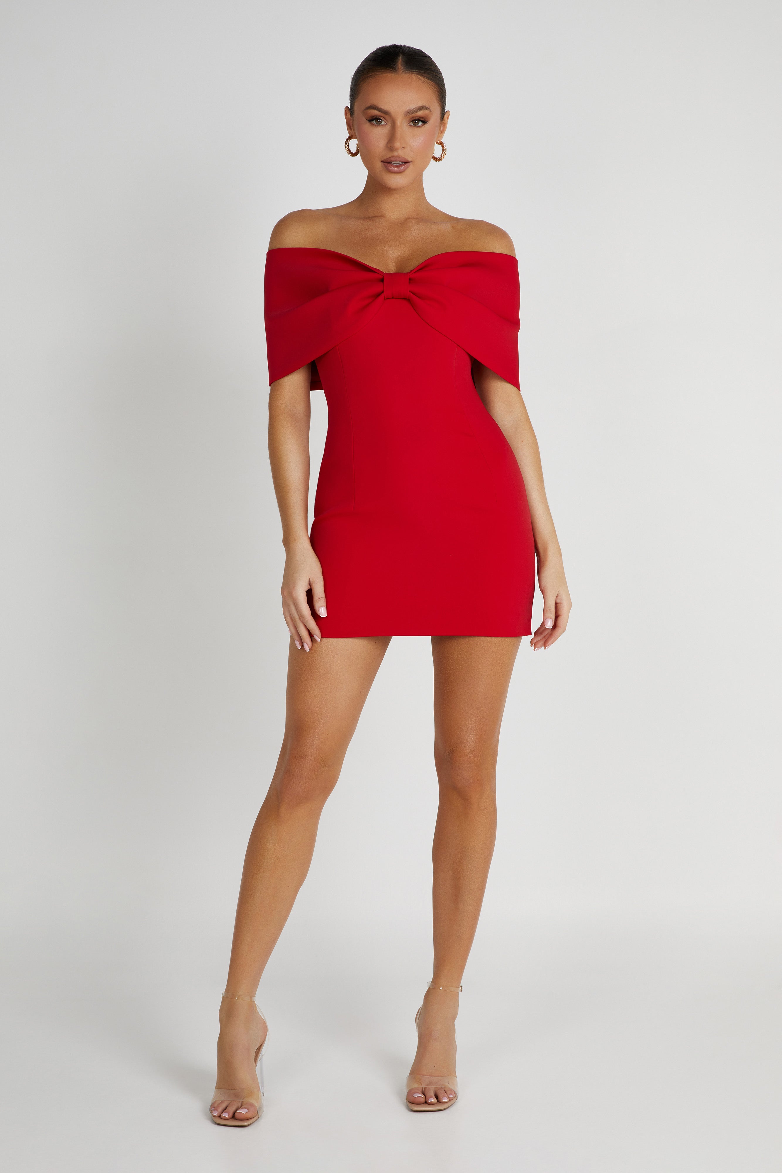 MESHKI Gwyneth Off Shoulder Bow Mini Dress - Red
