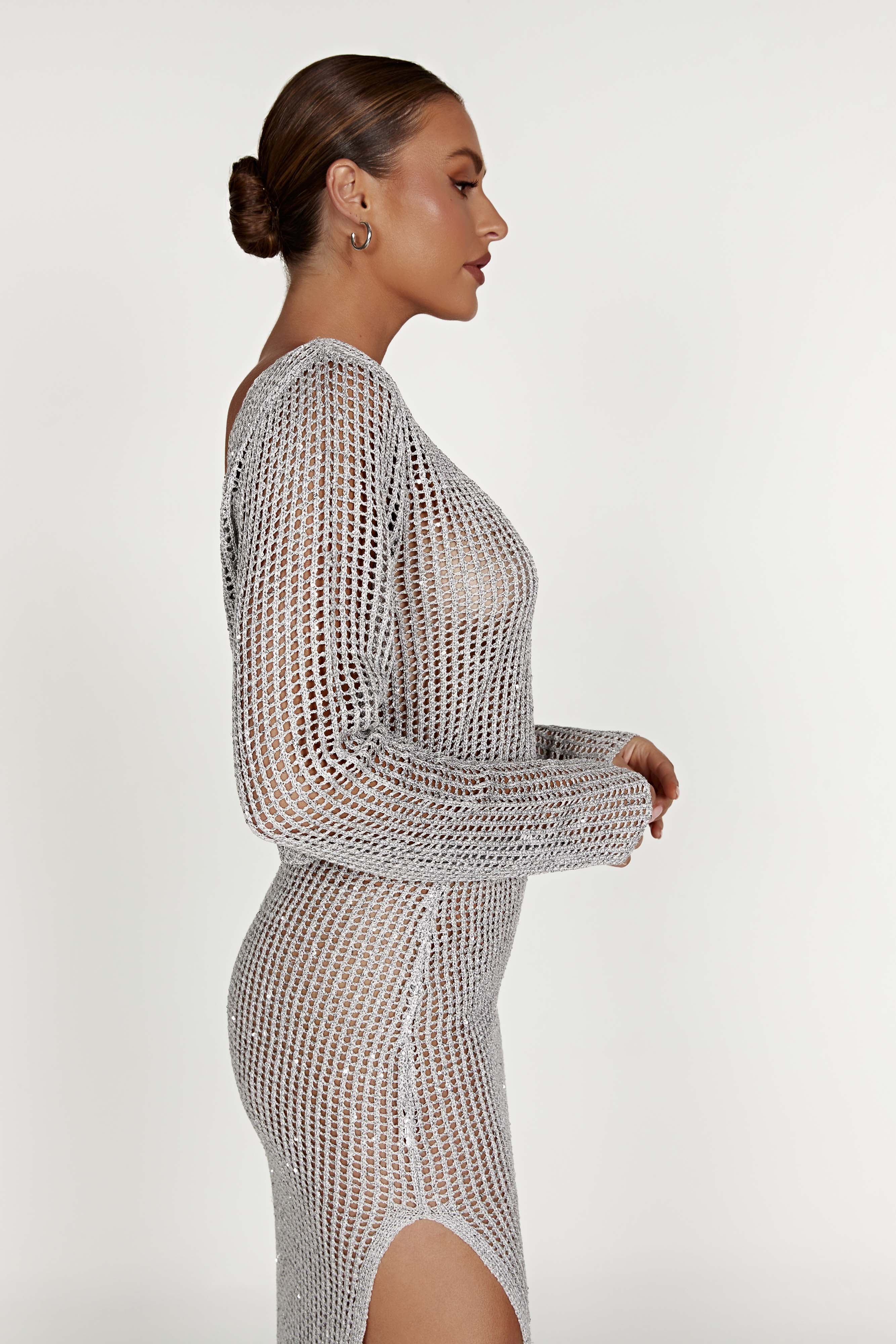 MESHKI Catalina Sequin Crochet Twist Top - Silver