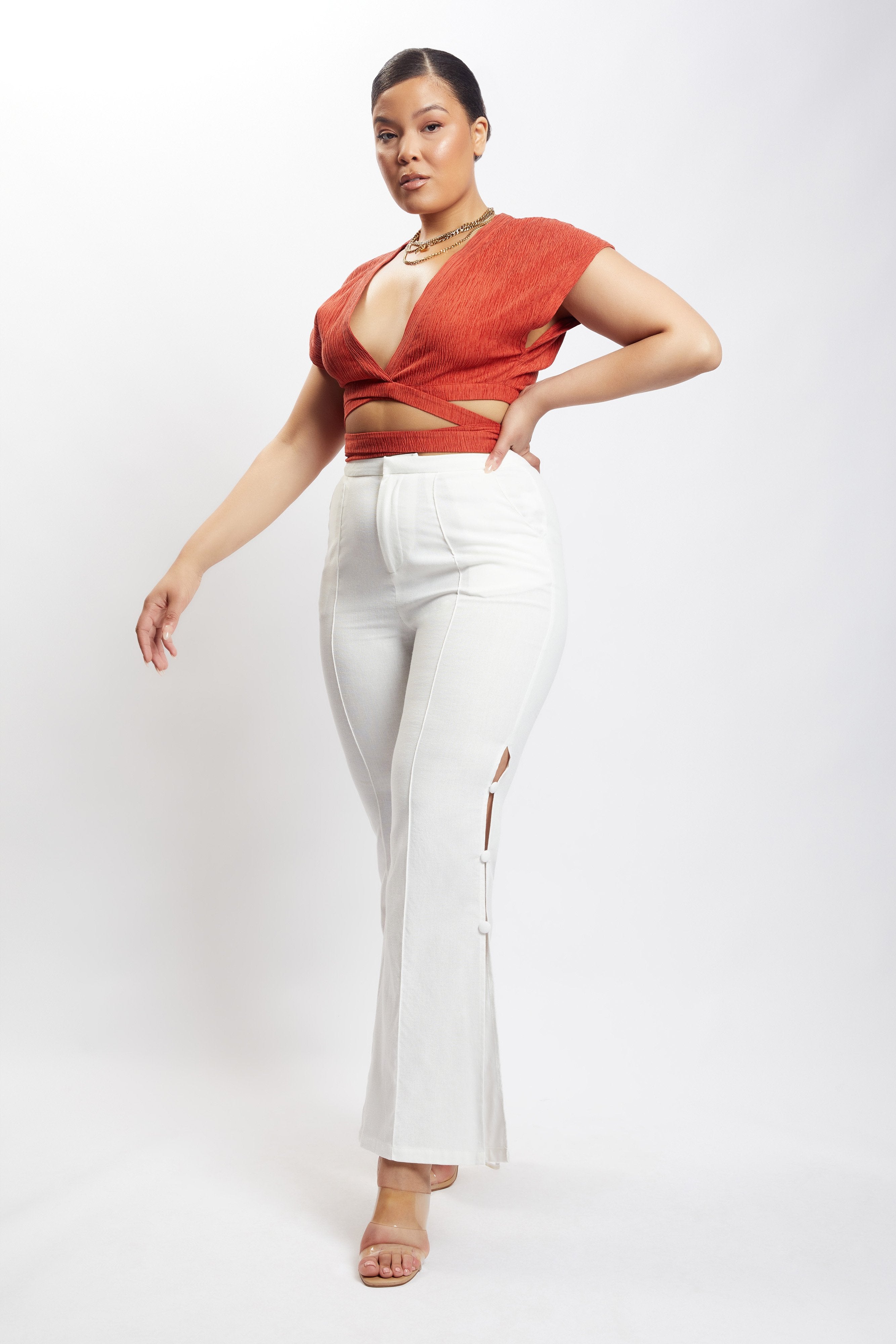 MESHKI Rosa Crinkle Satin Crop Top - Burnt Orange