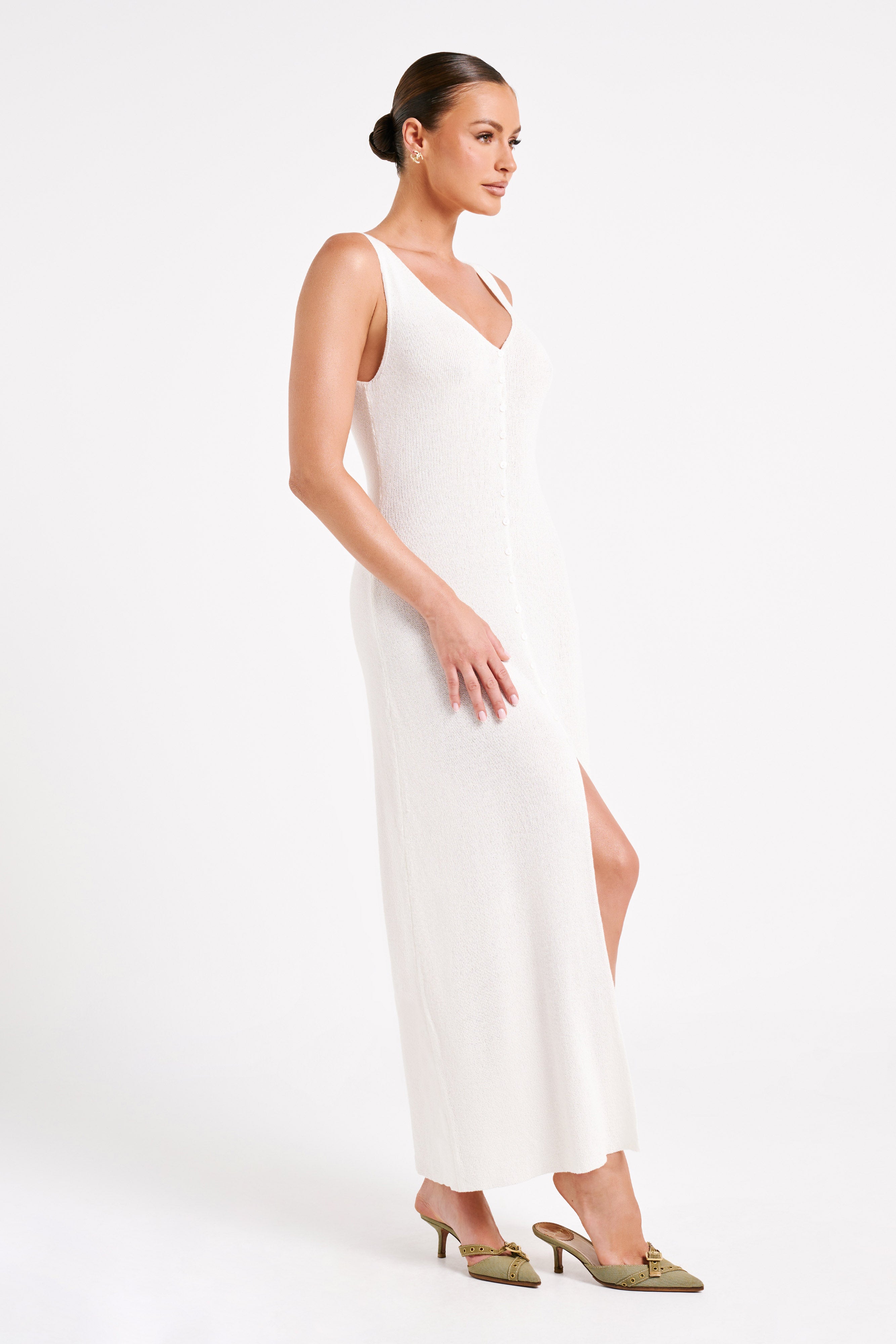 MESHKI Antonia Buttoned Knit Maxi Dress - White