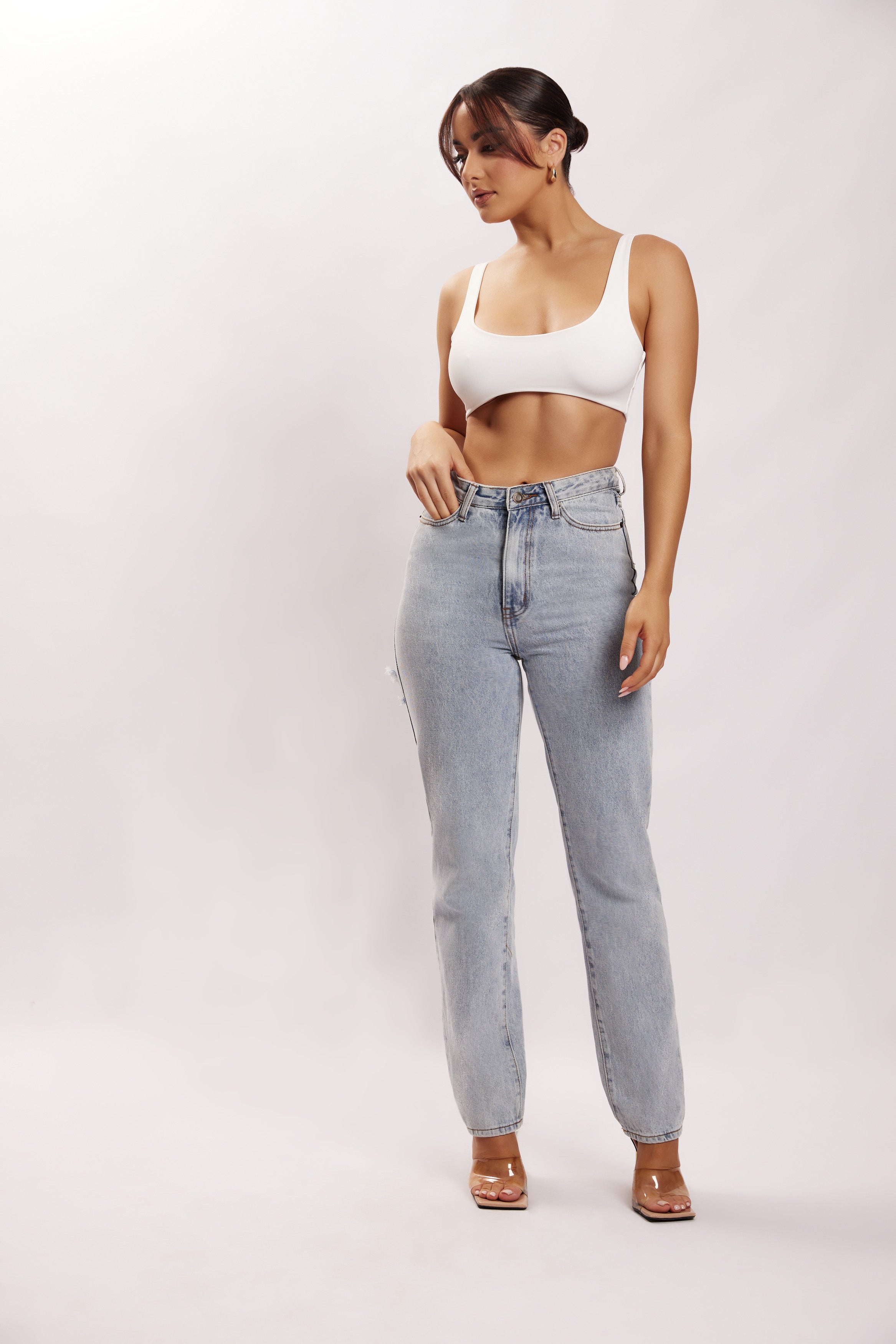 MESHKI Jemma Scoop Neck Super Crop Top - White