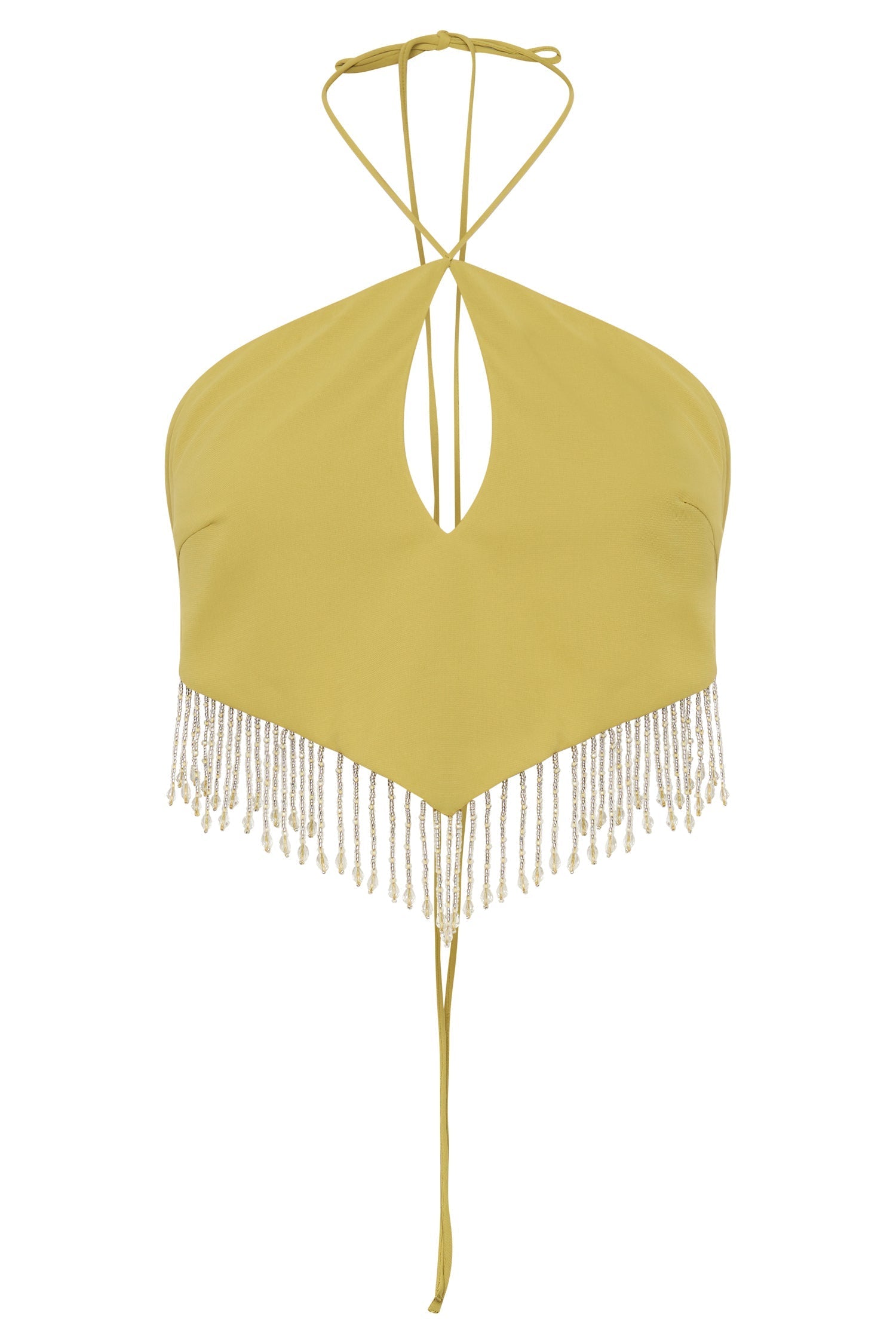 MESHKI Jayleen Keyhole Triangle Halter Top With Fringe - Chartreuse