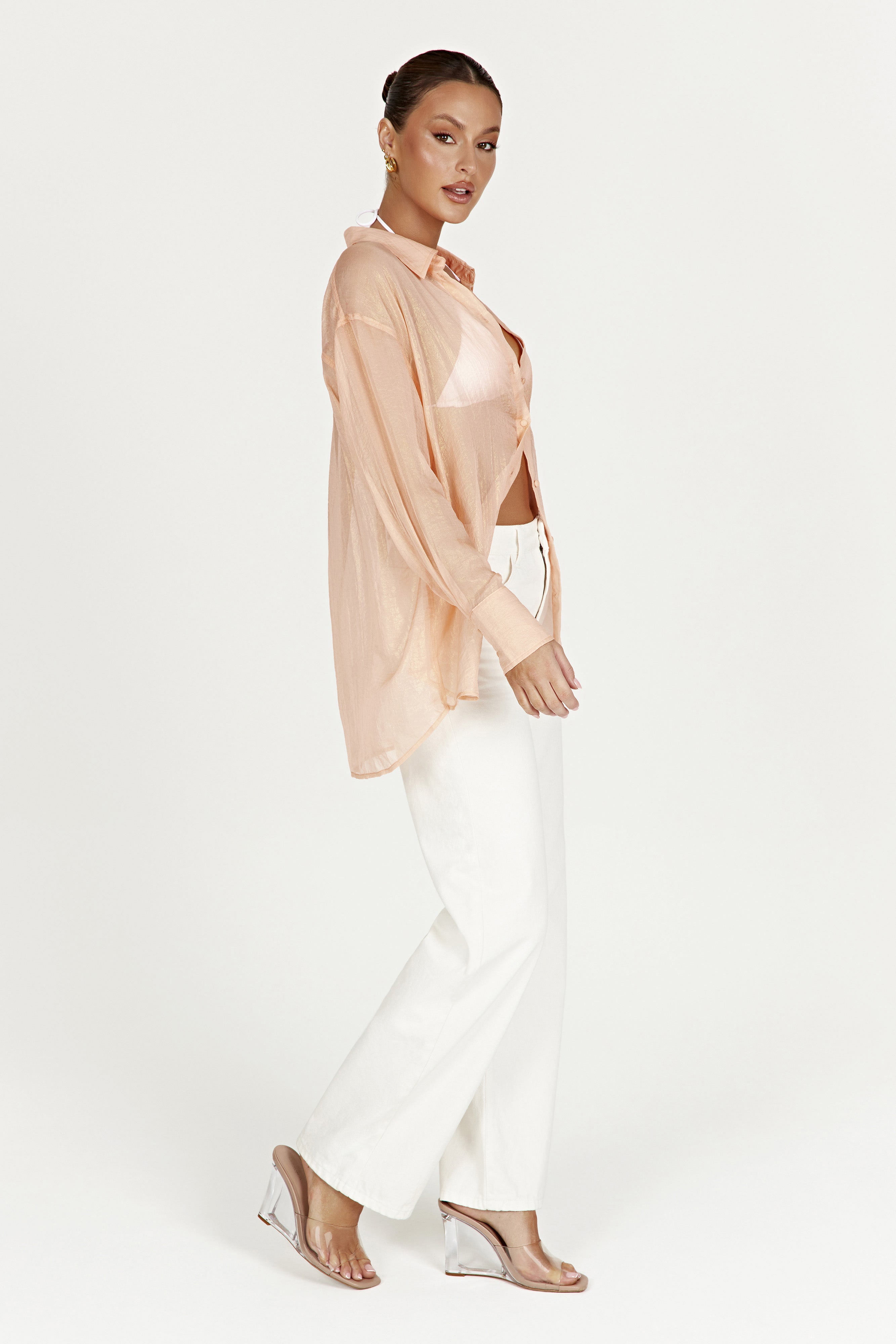 MESHKI Molly Oversized Sheer Iridescent Shirt - Peach