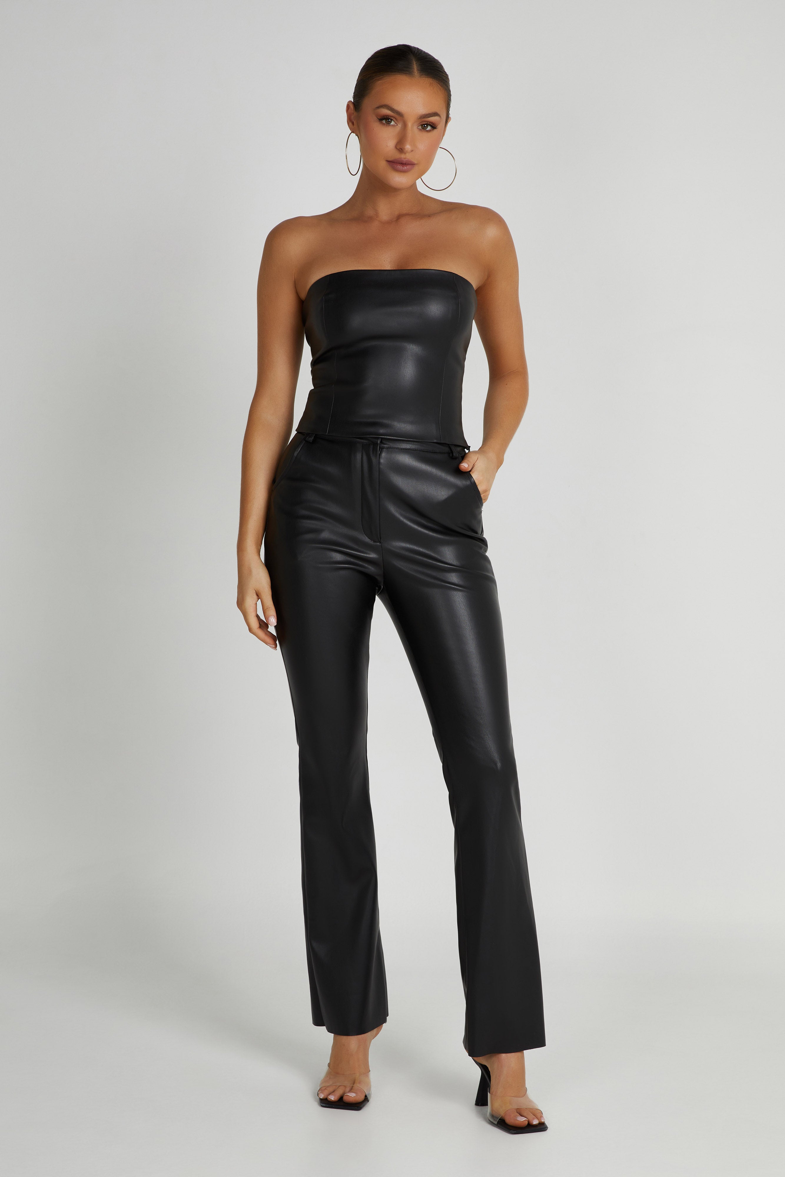 MESHKI Pamela Faux Leather Strapless Crop Top  - Black