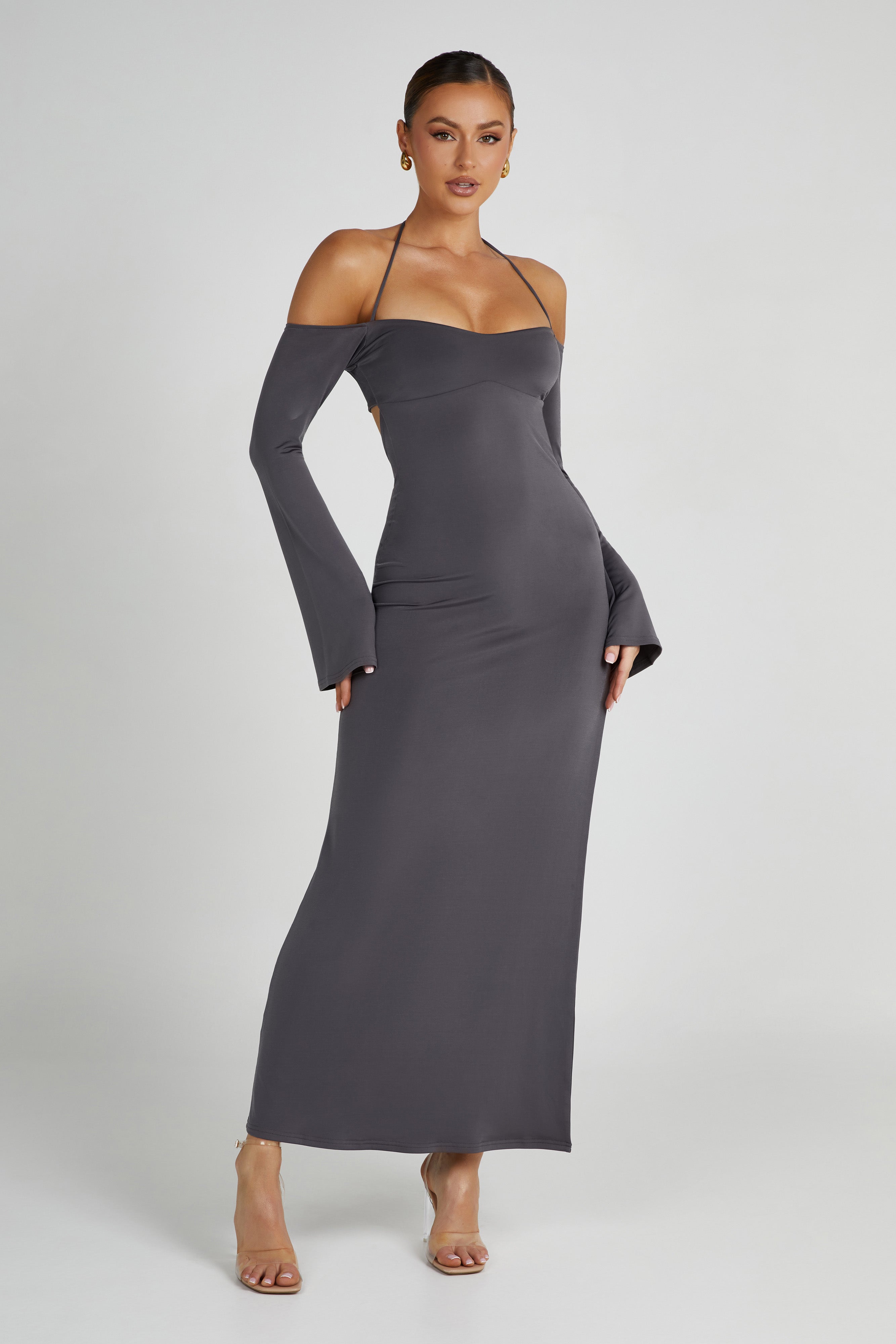 MESHKI Tia Slinky Off Shoulder Maxi Dress - Charcoal