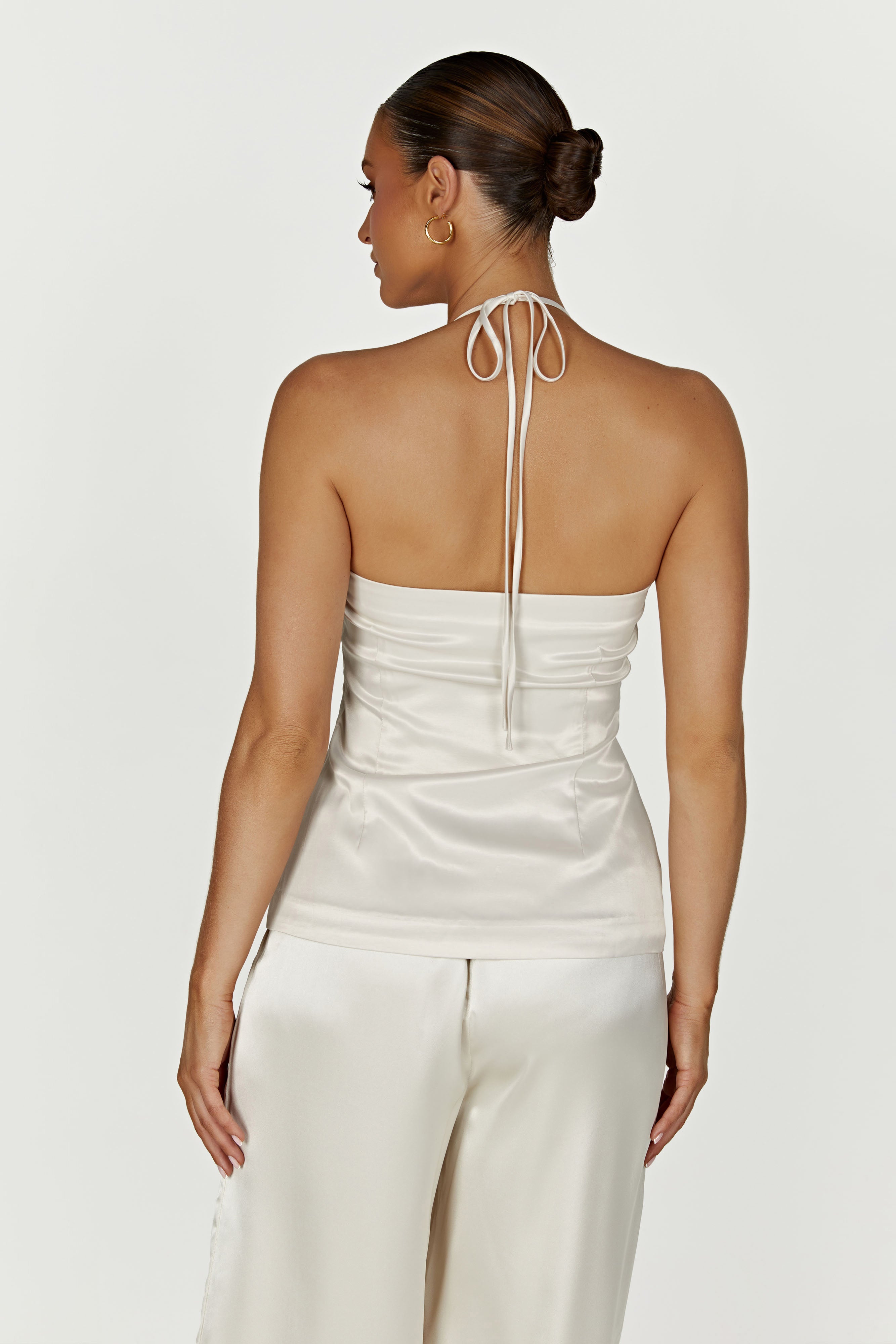 MESHKI Noemi Longline Satin Halter Neck Top - Ivory
