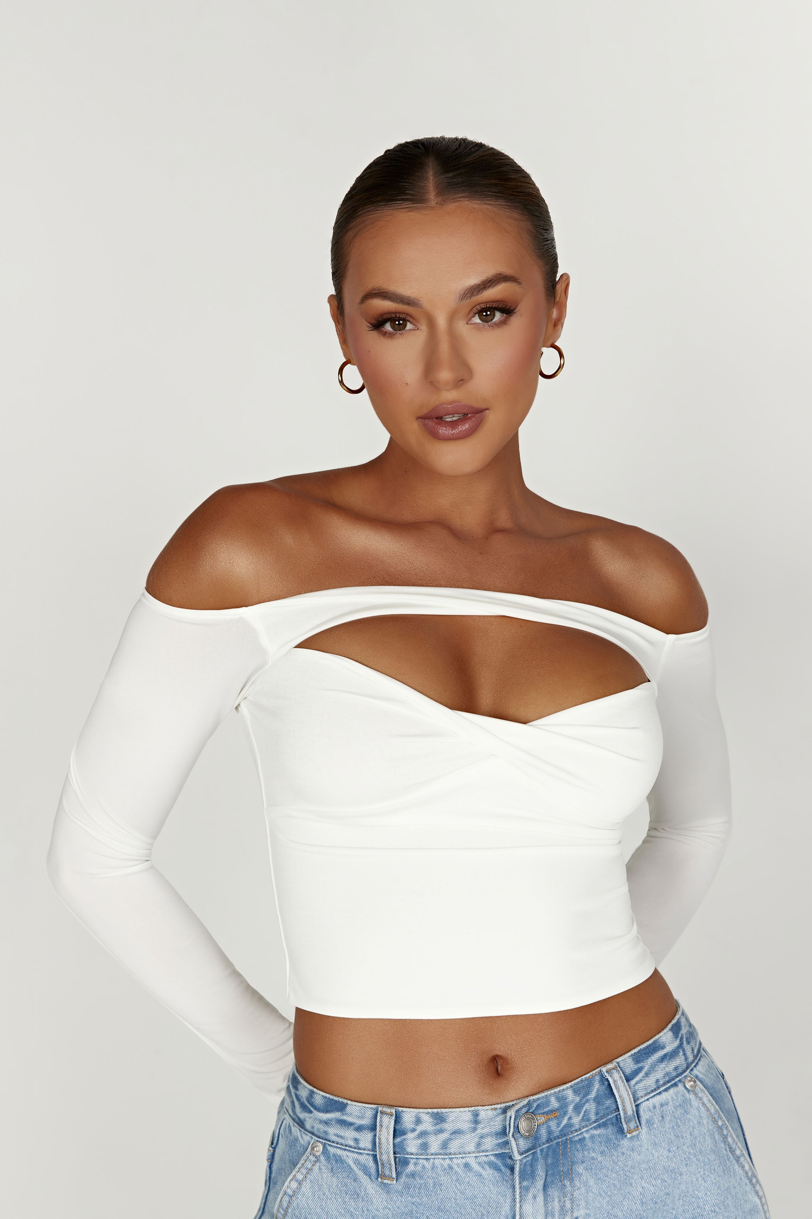 MESHKI Ceri Off Shoulder Long Sleeve Top - White