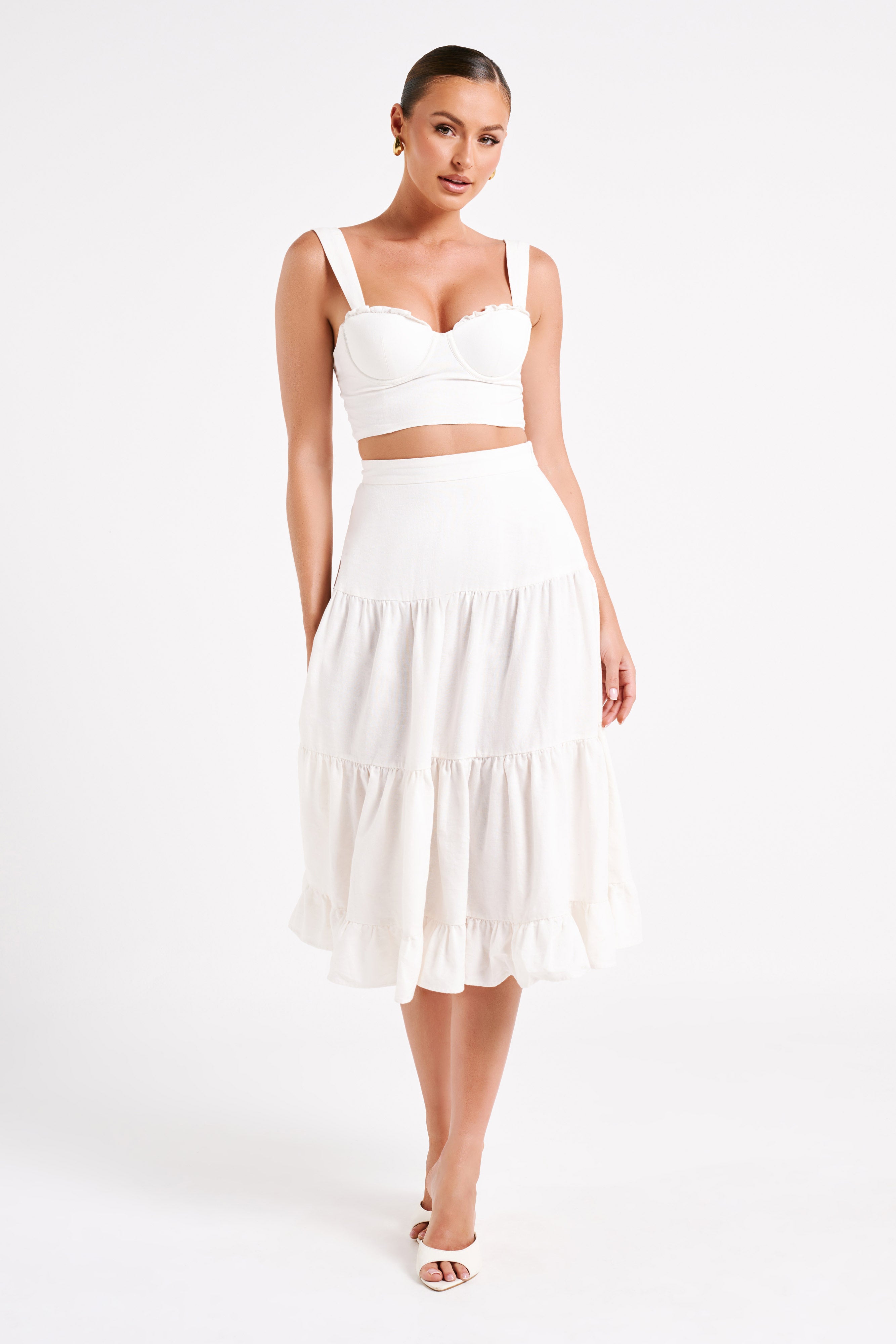 MESHKI Hilaria Tiered Linen Midi Skirt - White