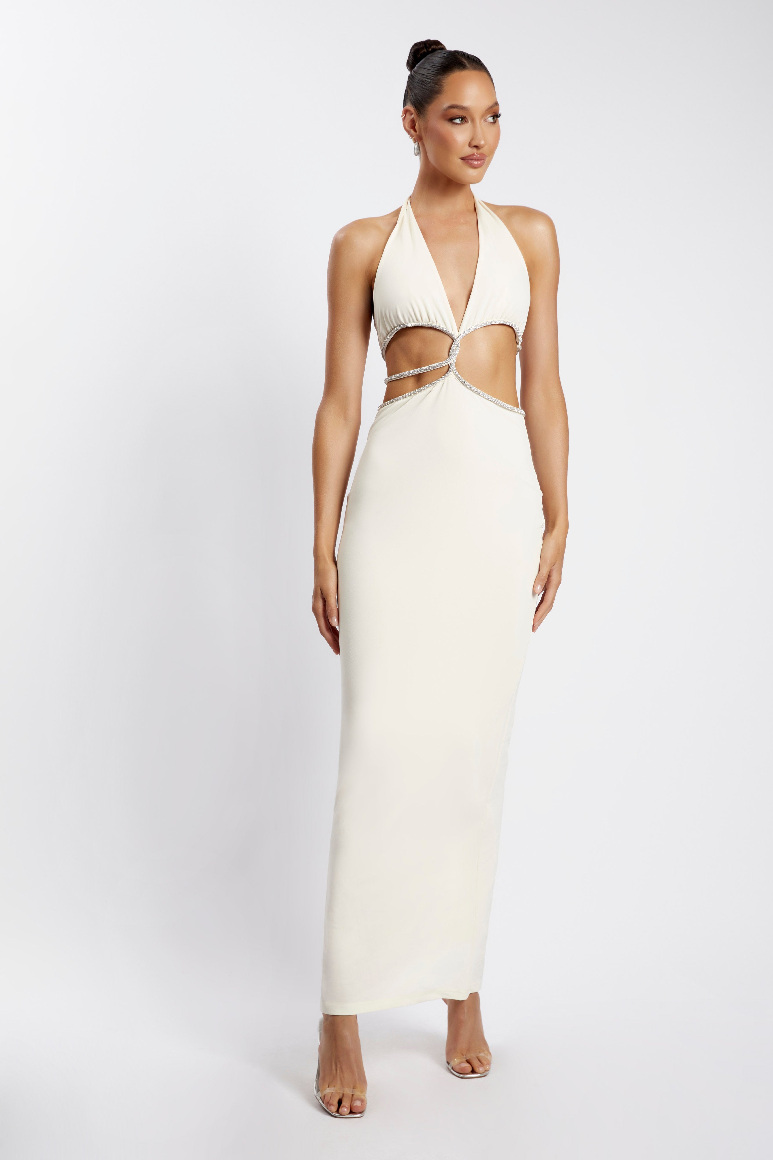MESHKI Nicha Diamante Cut Out Maxi Dress - Bone