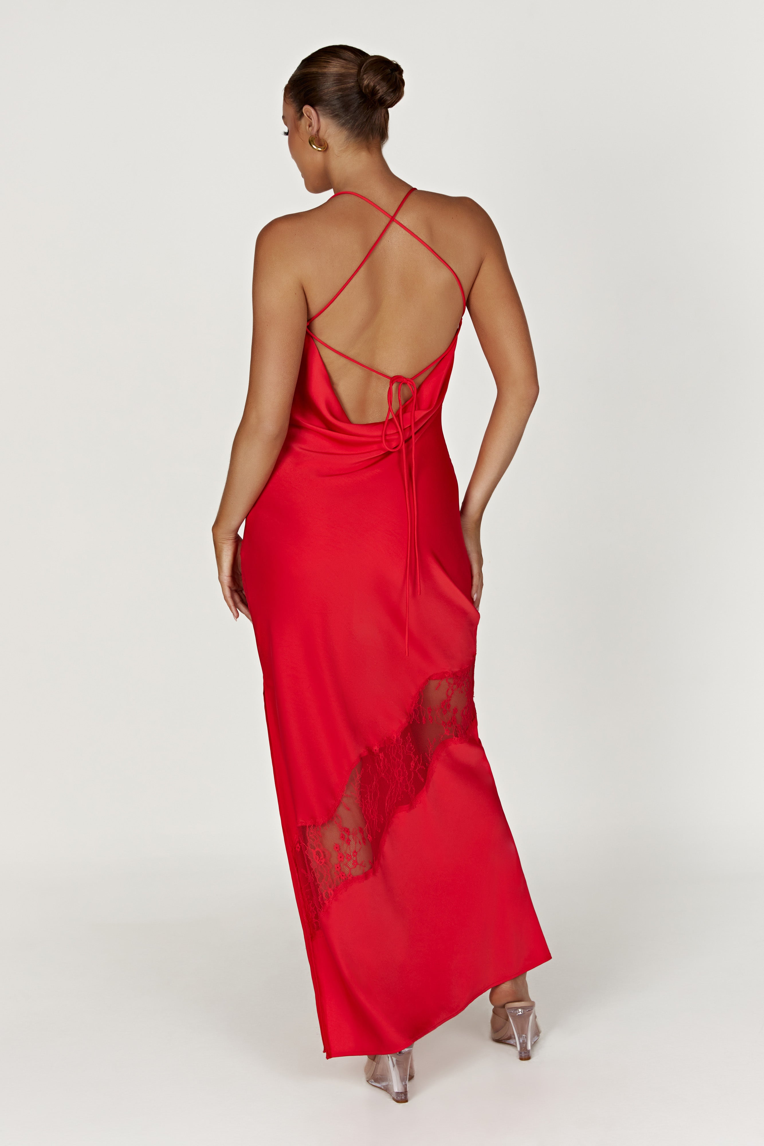 MESHKI Chandra Lace Detail Satin Maxi Dress - Red