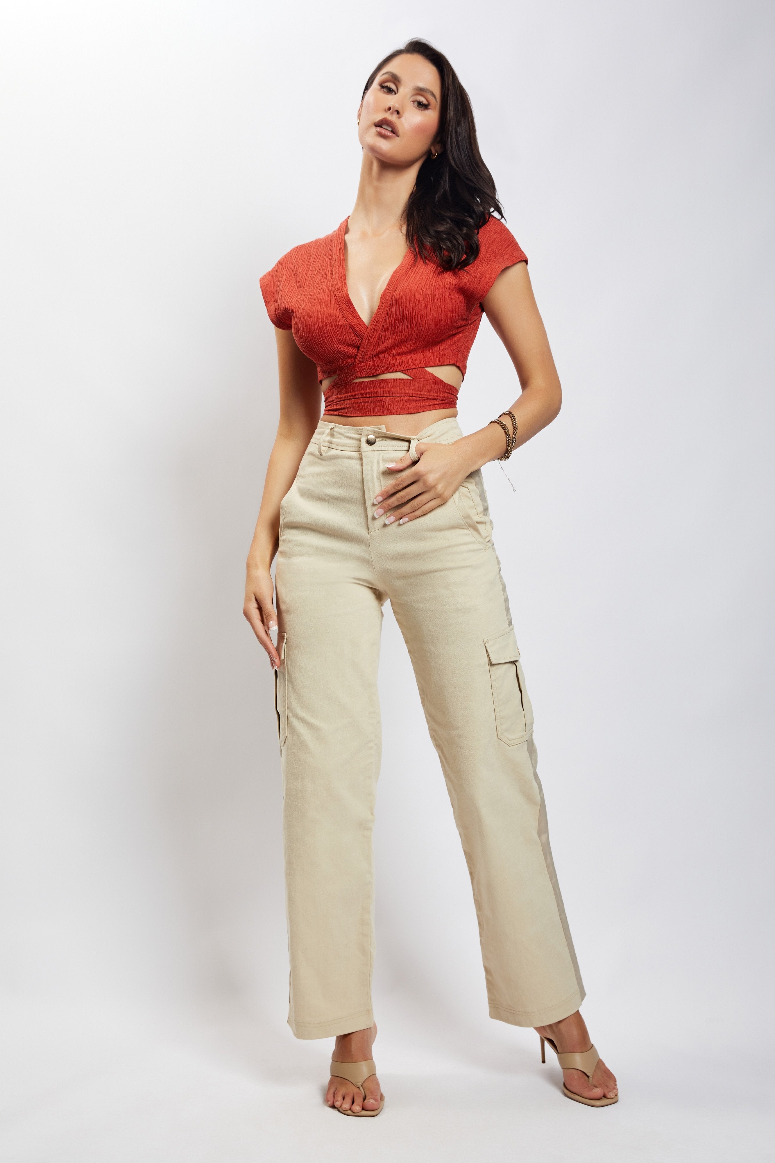 MESHKI Rosa Crinkle Satin Crop Top - Burnt Orange