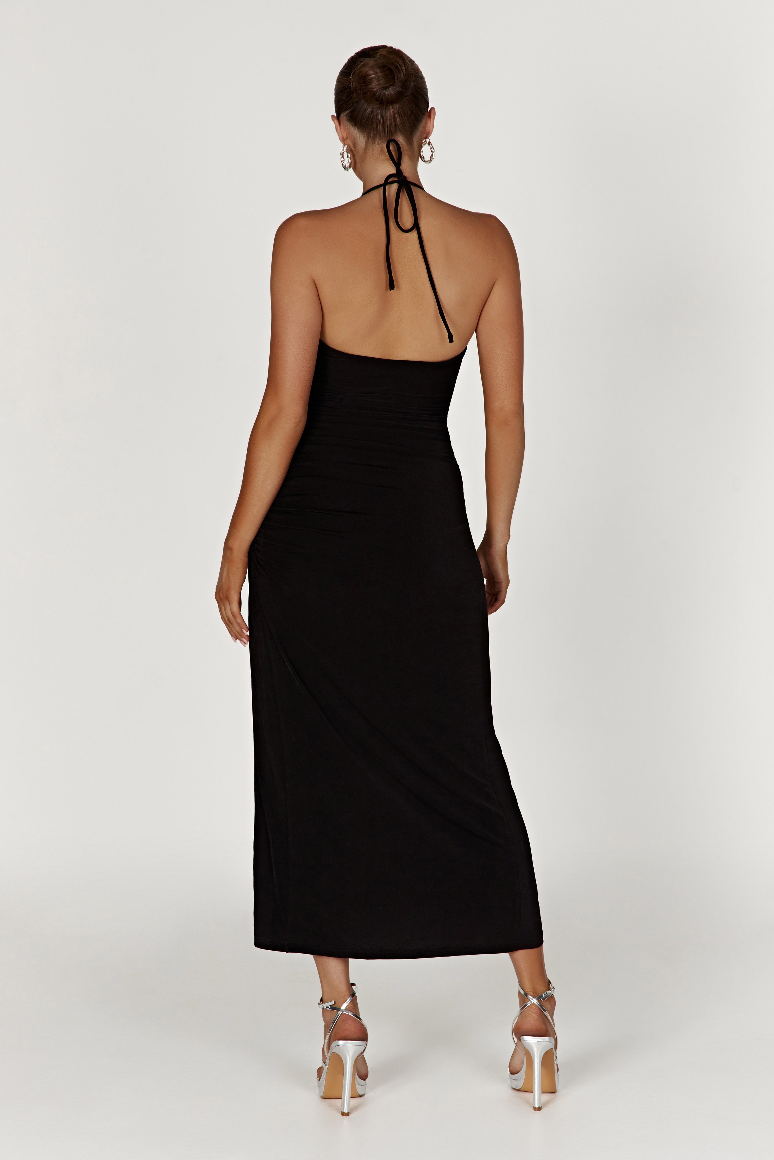 Allison Jersey Ruched Split Maxi Dress Black Myromanceshops