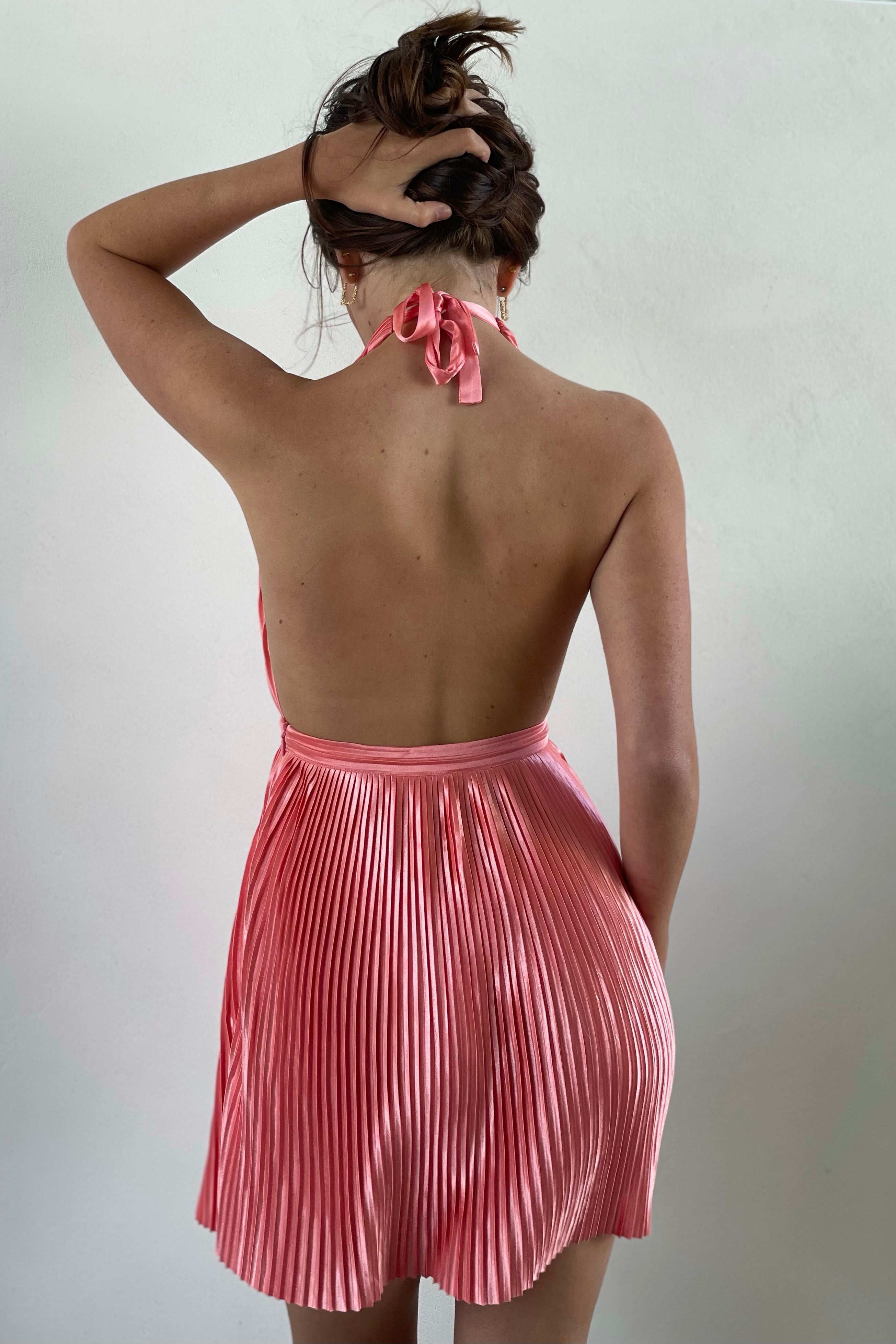 MESHKI Darya Pleated Mini Halter Dress - Rosewater