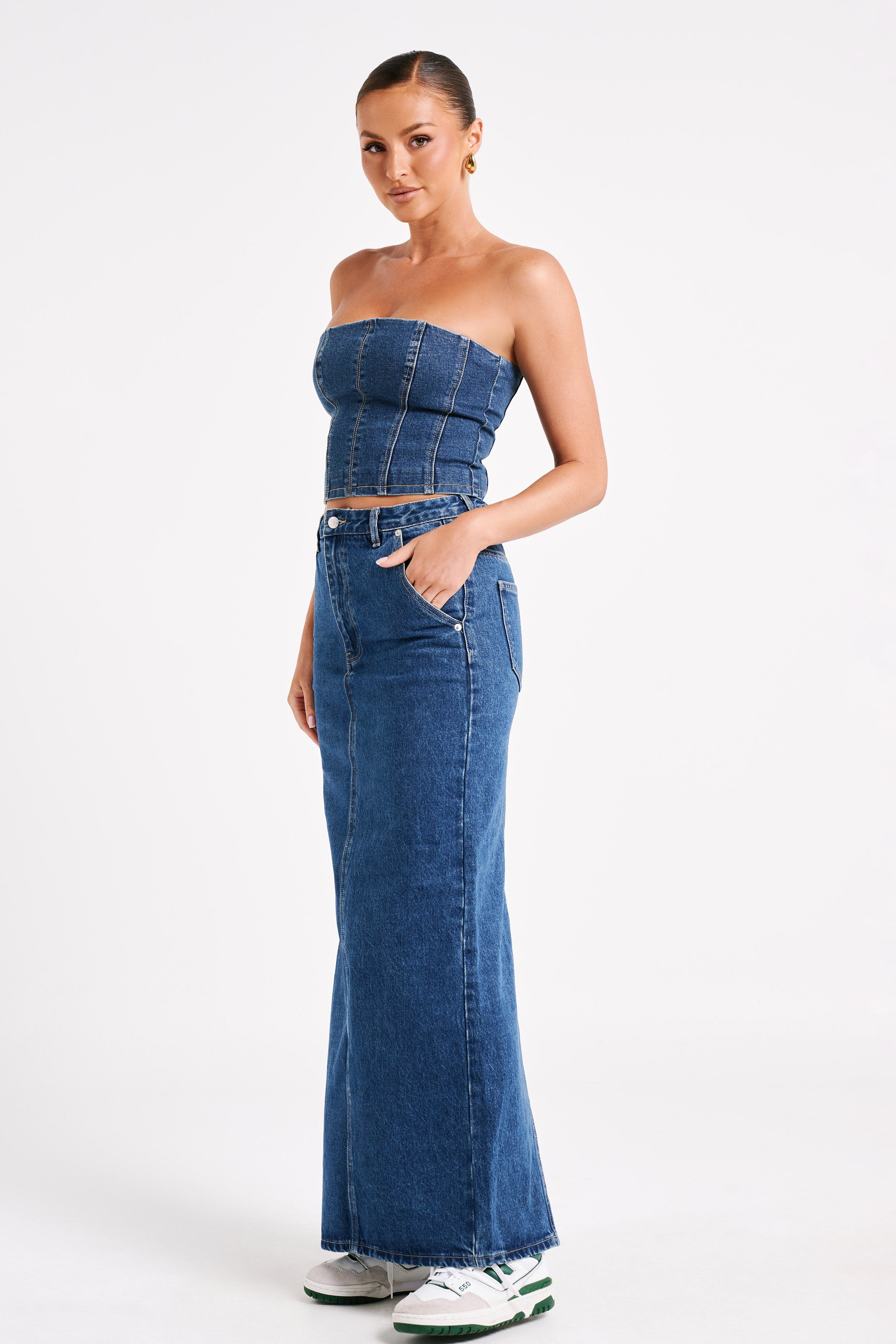 MESHKI Jordana Denim Tube Top - Dark Blue