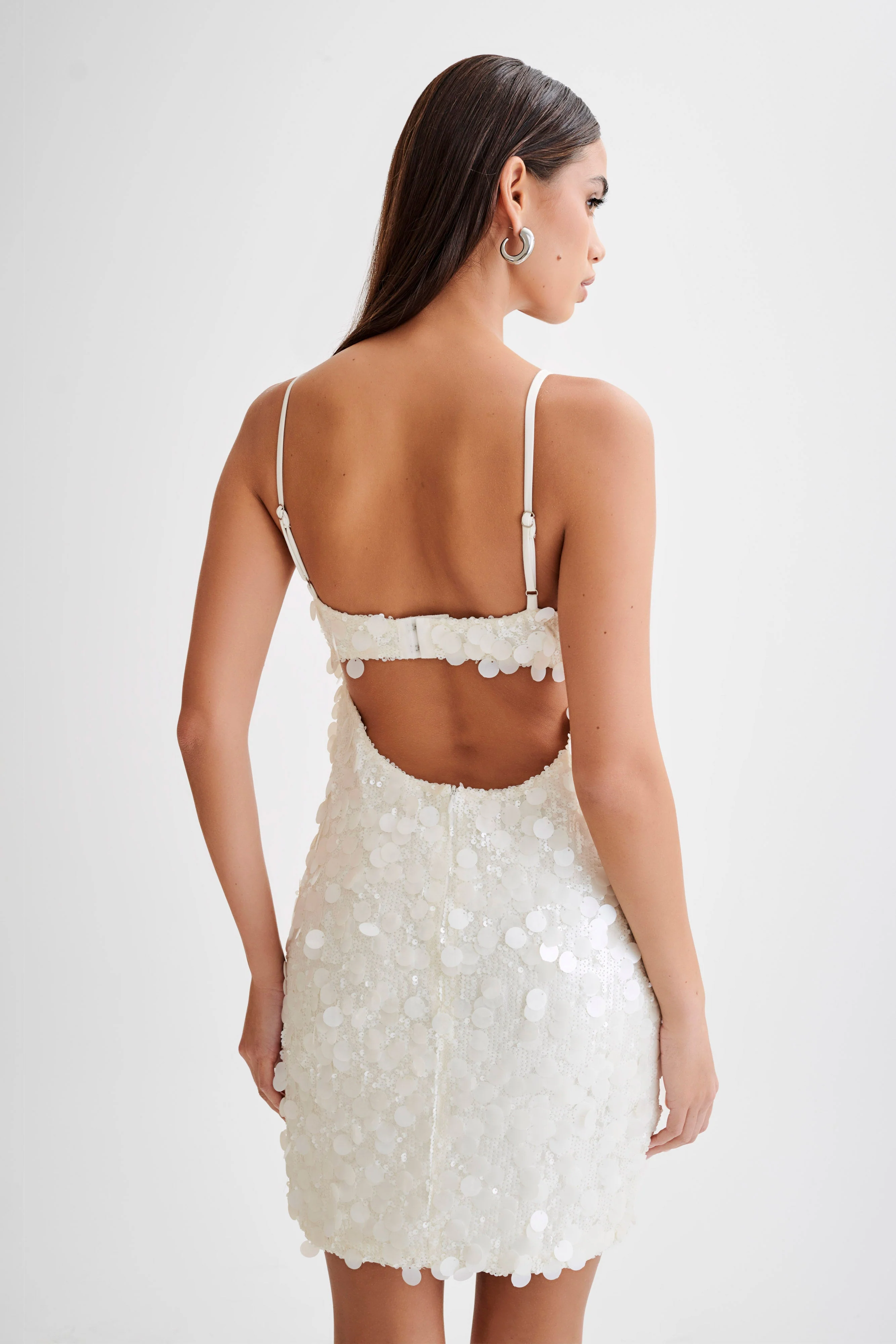 MESHKI Xanthe Transparent Sequin Cut Out Mini Dress - Ivory