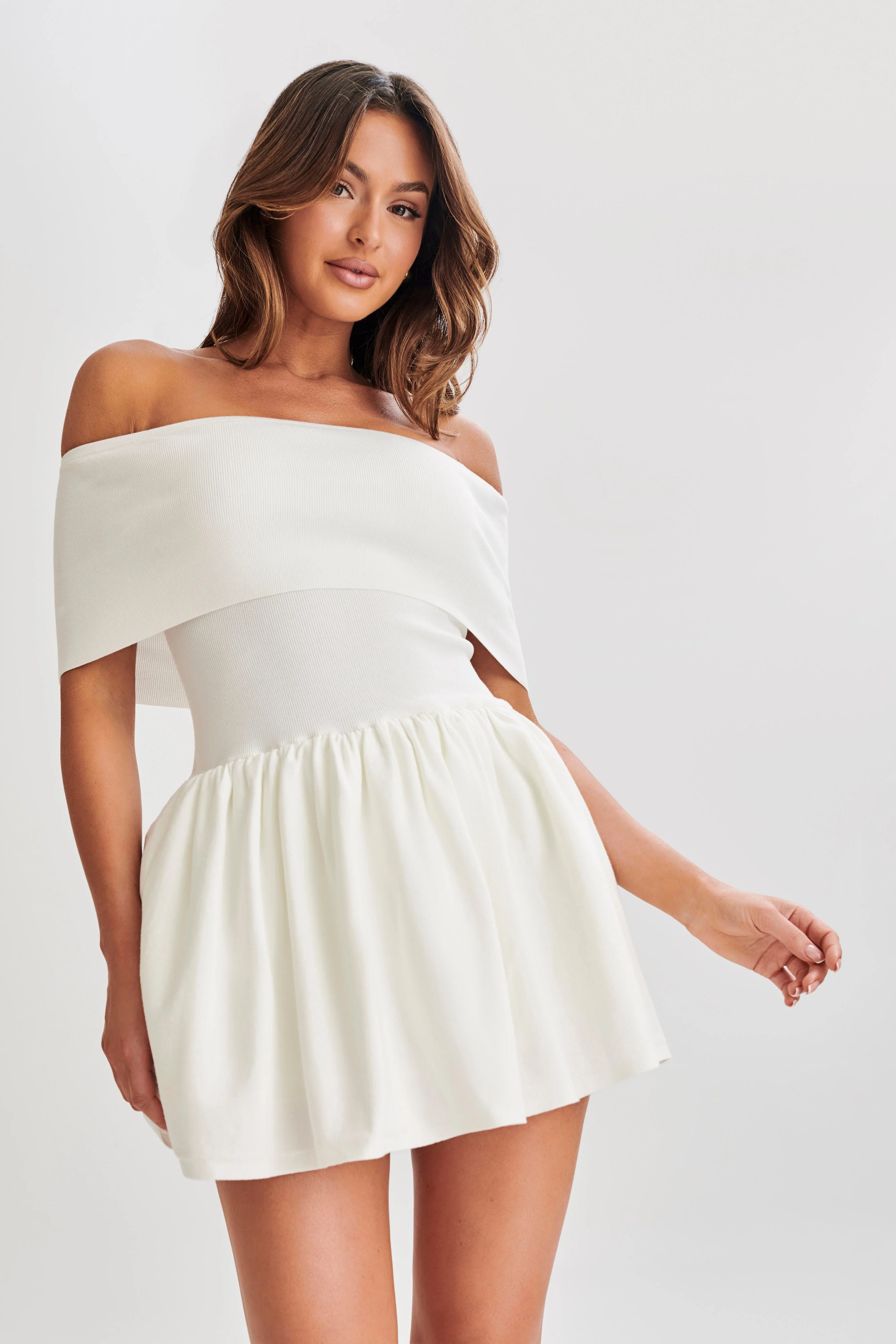 MESHKI Lydia Off Shoulder Knit Mini Dress - White