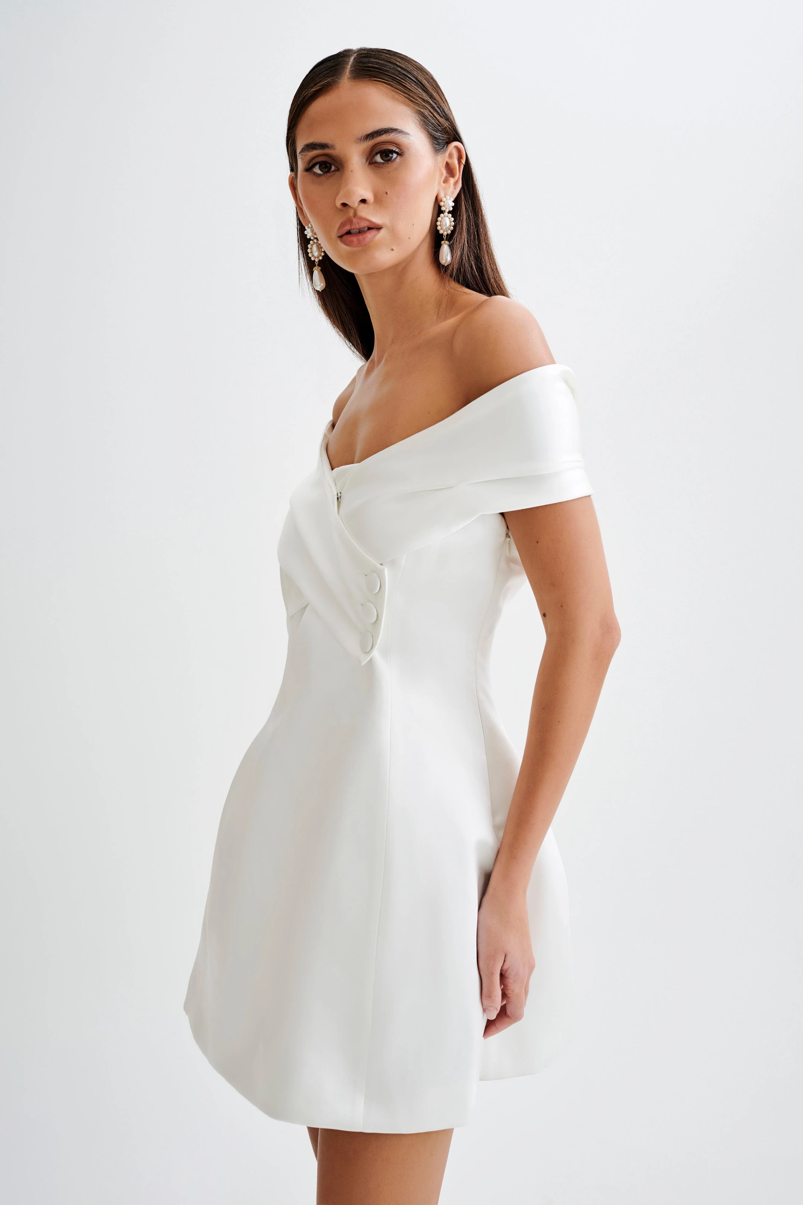 MESHKI Evita Satin Off Shoulder Mini Dress - White
