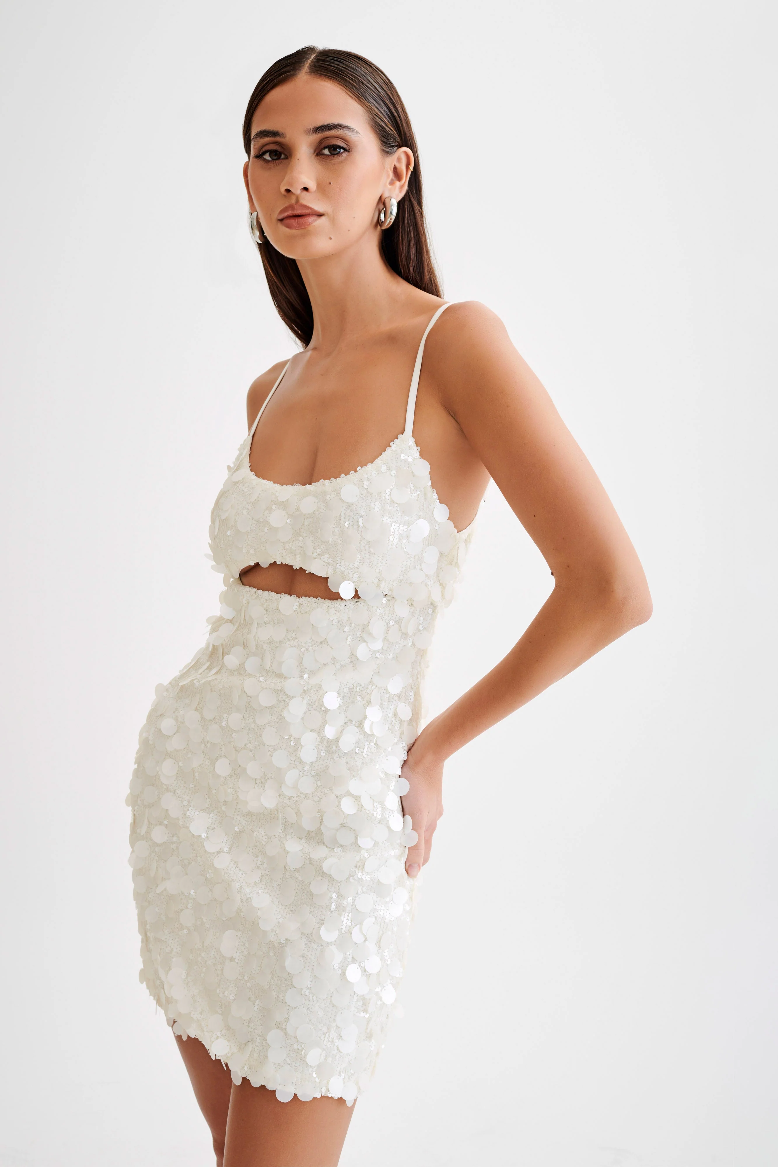 MESHKI Xanthe Transparent Sequin Cut Out Mini Dress - Ivory