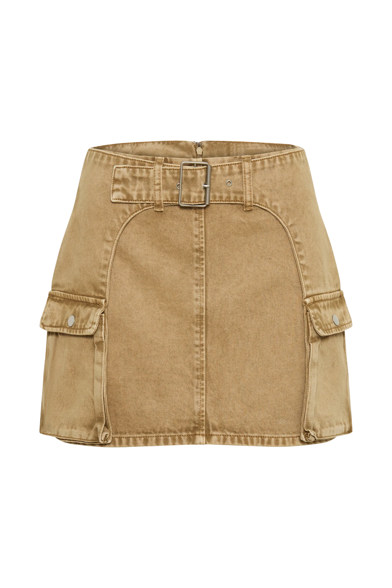 MESHKI Rowena Denim Buckle Mini Skirt - Tan Acid Wash