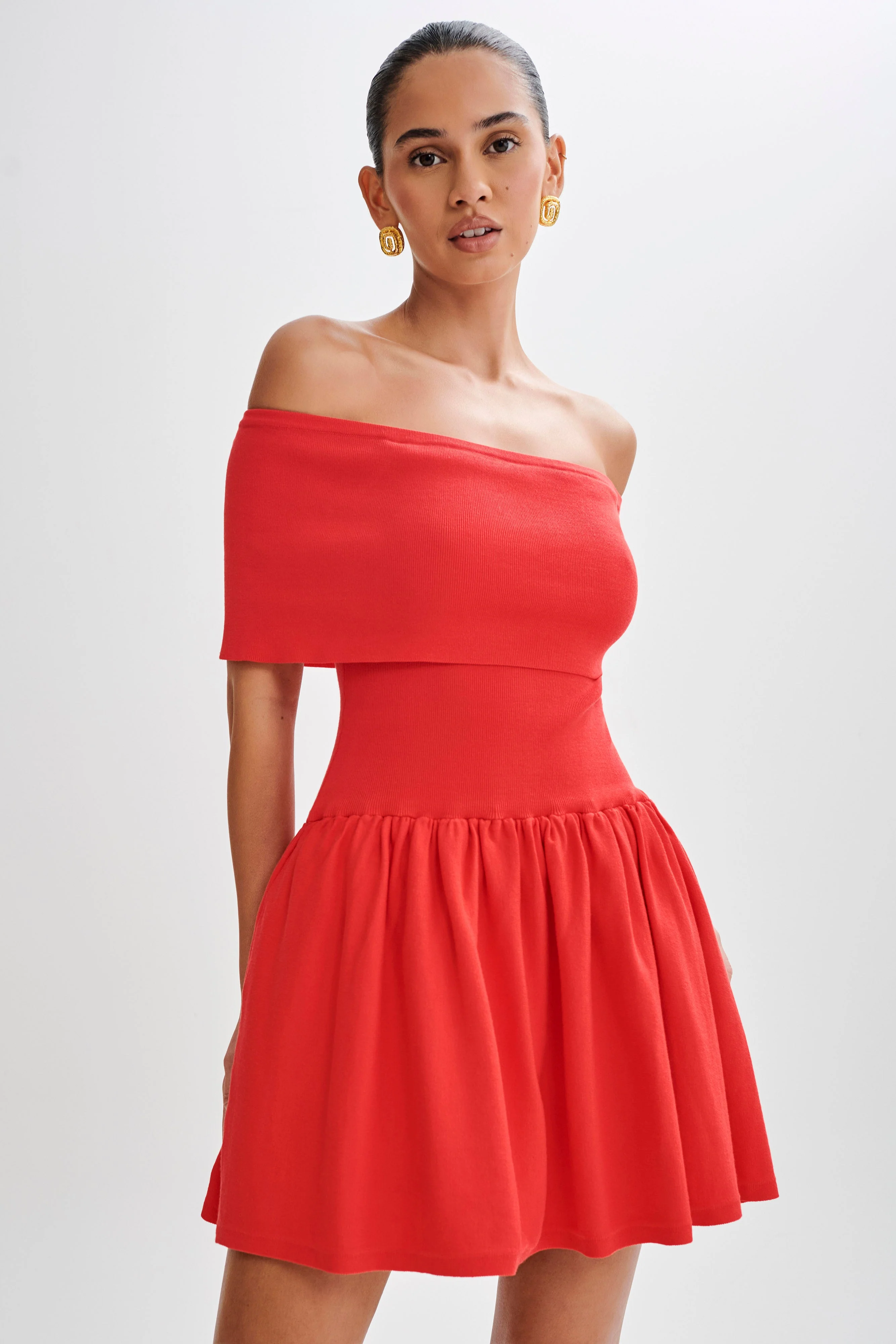 MESHKI Lydia Off Shoulder Knit Mini Dress - Red