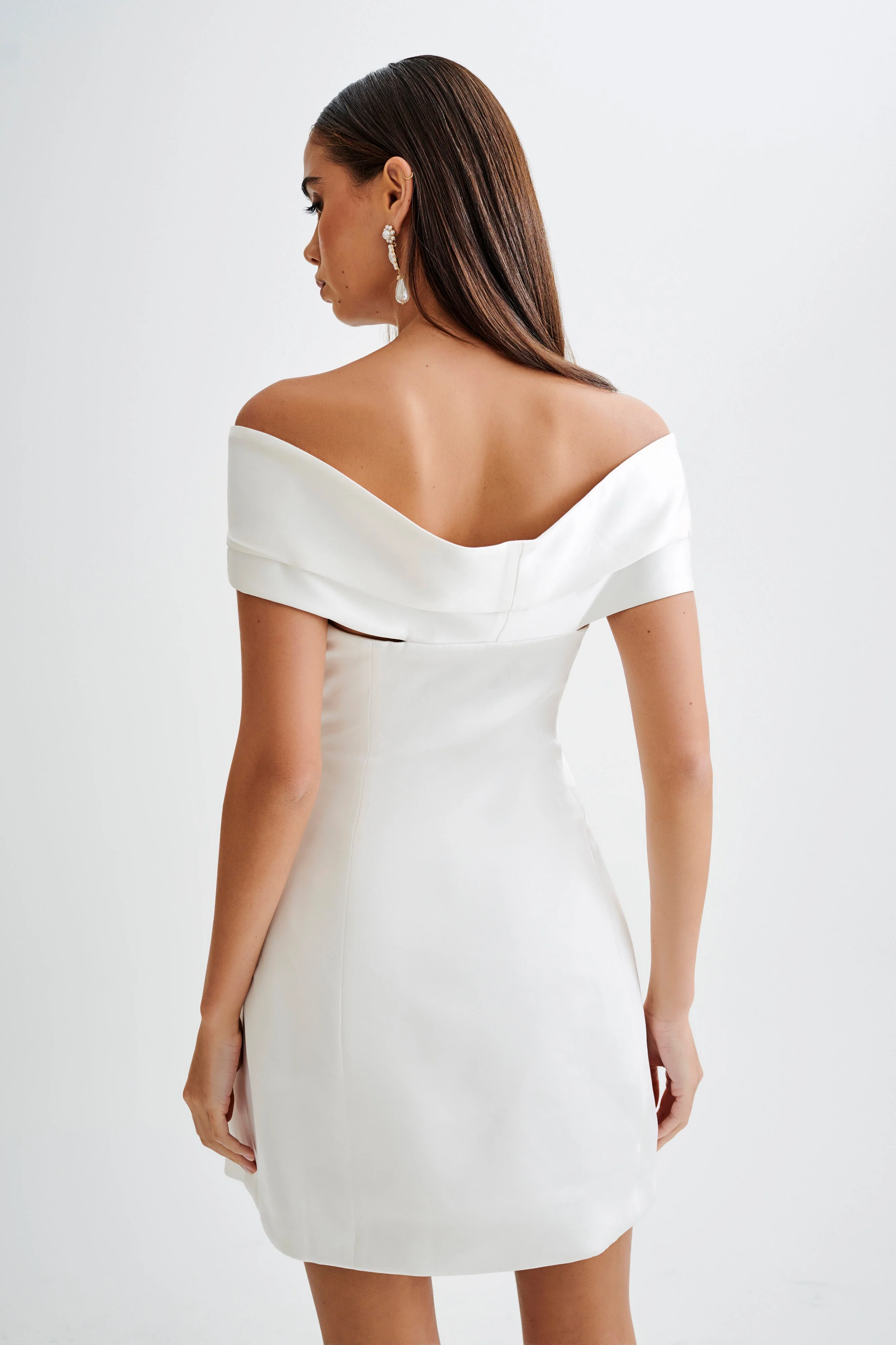 MESHKI Evita Satin Off Shoulder Mini Dress - White