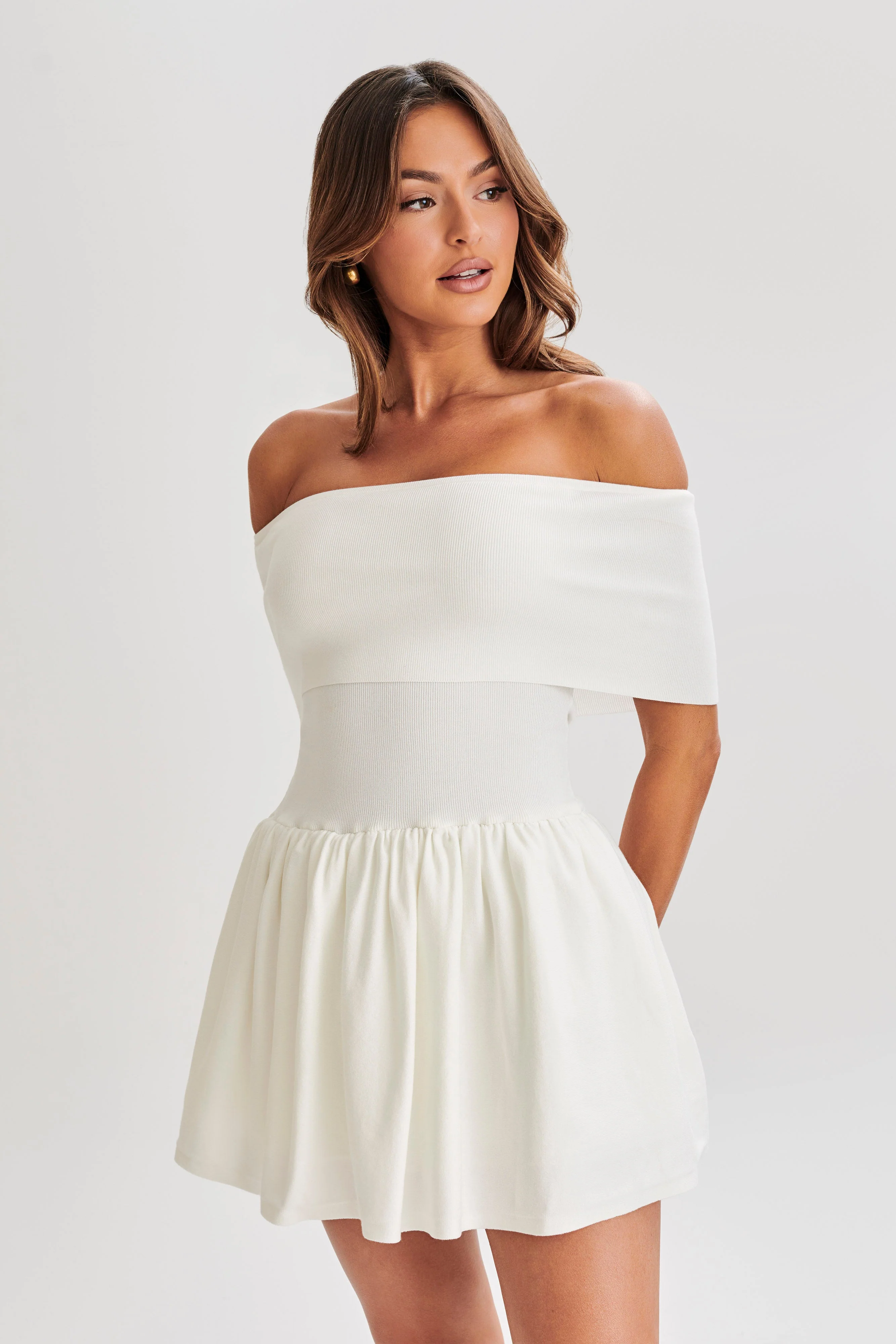 MESHKI Lydia Off Shoulder Knit Mini Dress - White