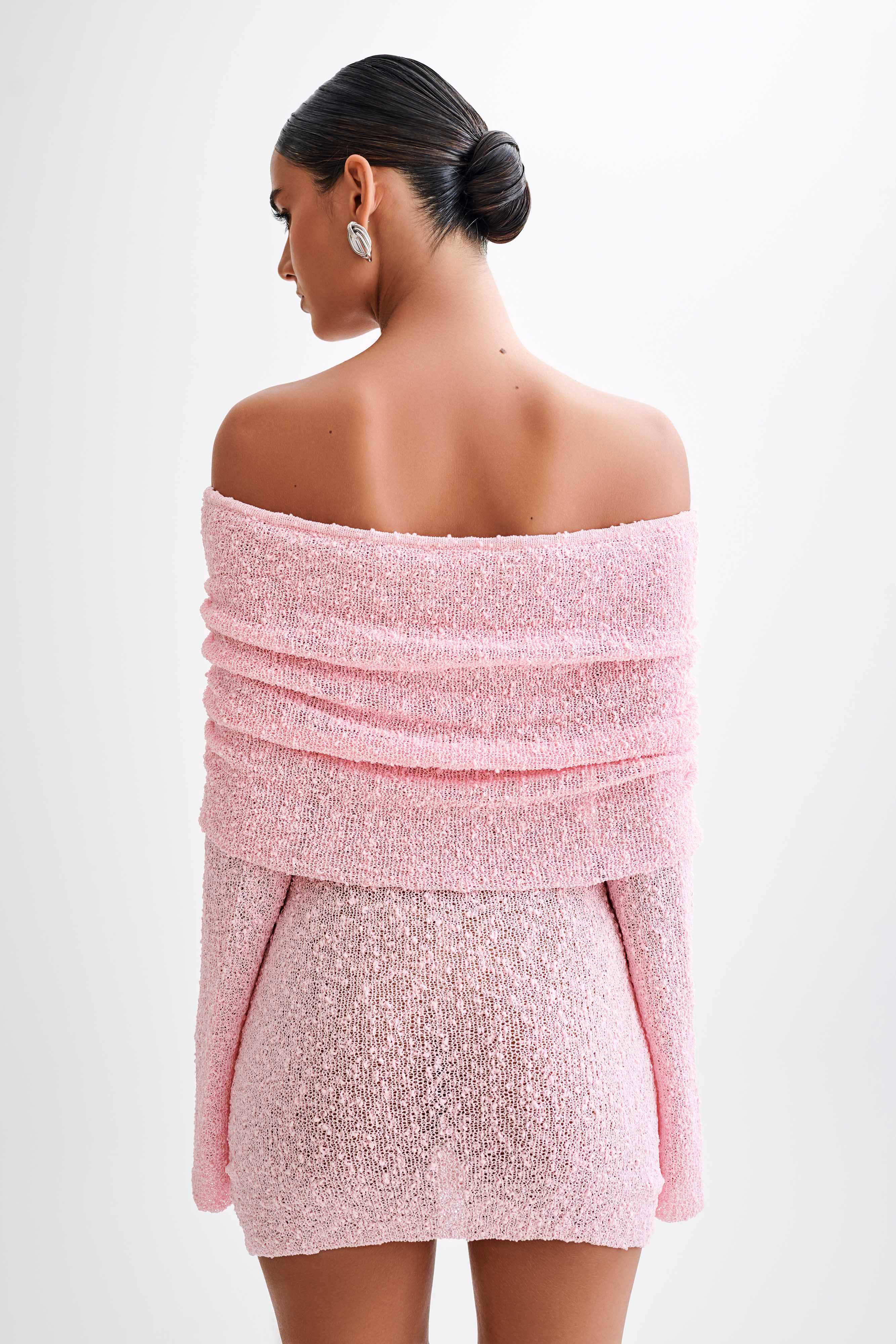 MESHKI Marisol Off Shoulder Boucle Mini Dress - Baby Pink