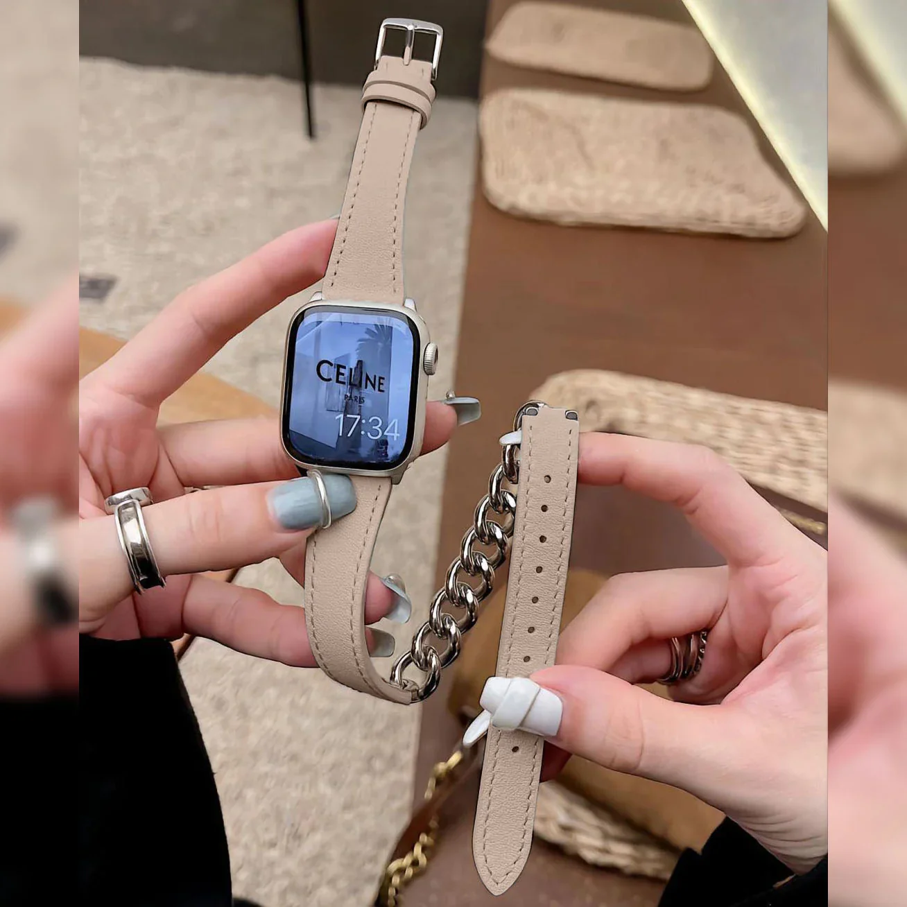 Chain And Leather Band For Apple Watch