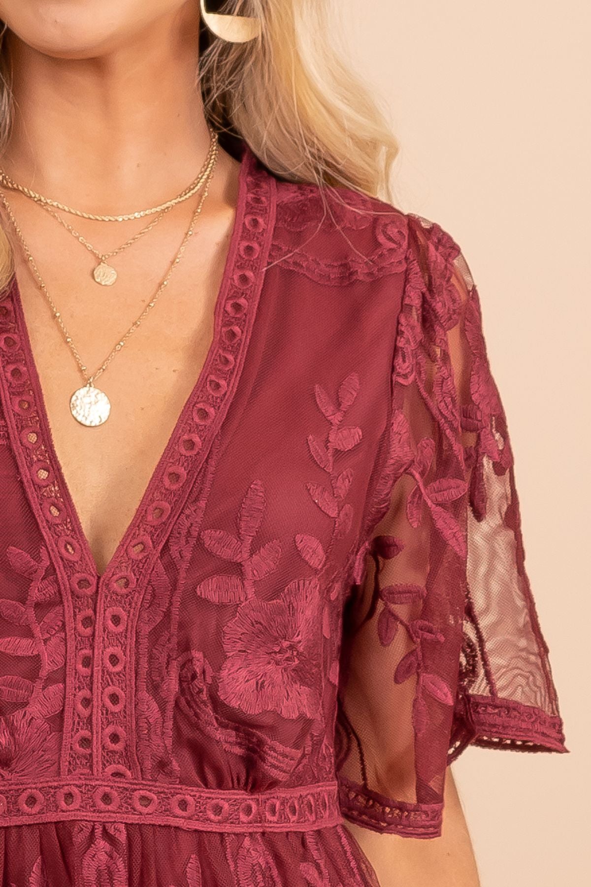 Light My Fire Wine Lace Maxi Dress