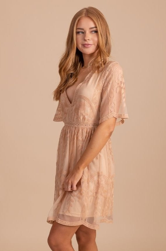 Light My Fire Tan Lace Mini Dress