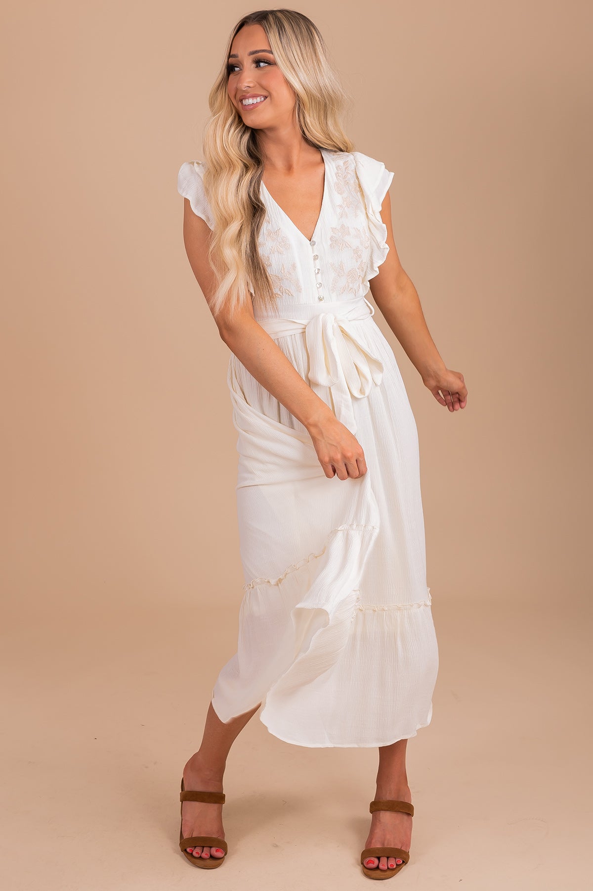 Heart Flutters Embroidered Midi Dress - Off White